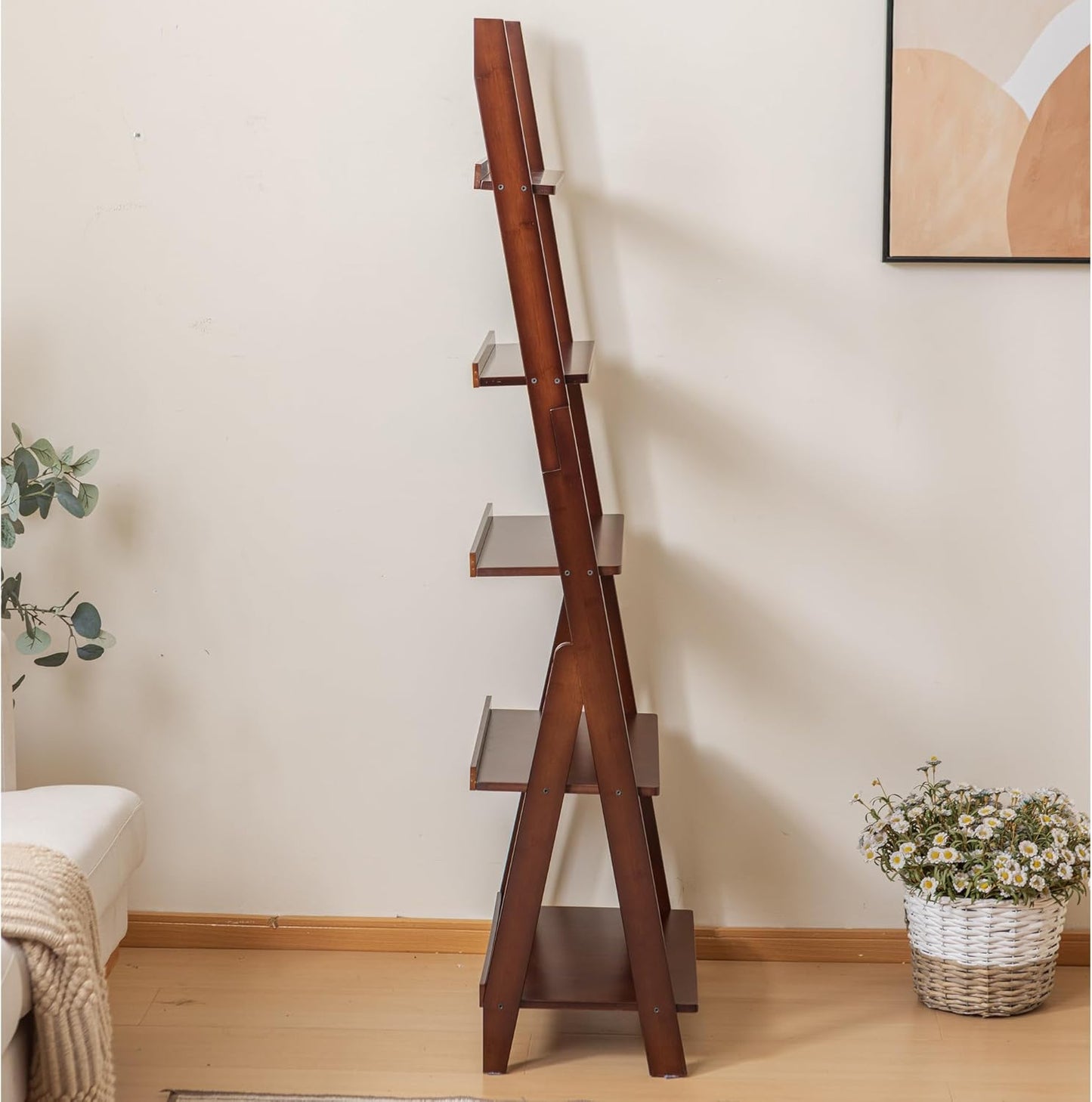 Maydear Bamboo Ladder Shelf Bookcase, 5-Tier Leaning Bookshelf Free Standing Organizer Storage Shelves for Living Room, Bedroom, Kitchen, Home Office, Balcony, Walnut