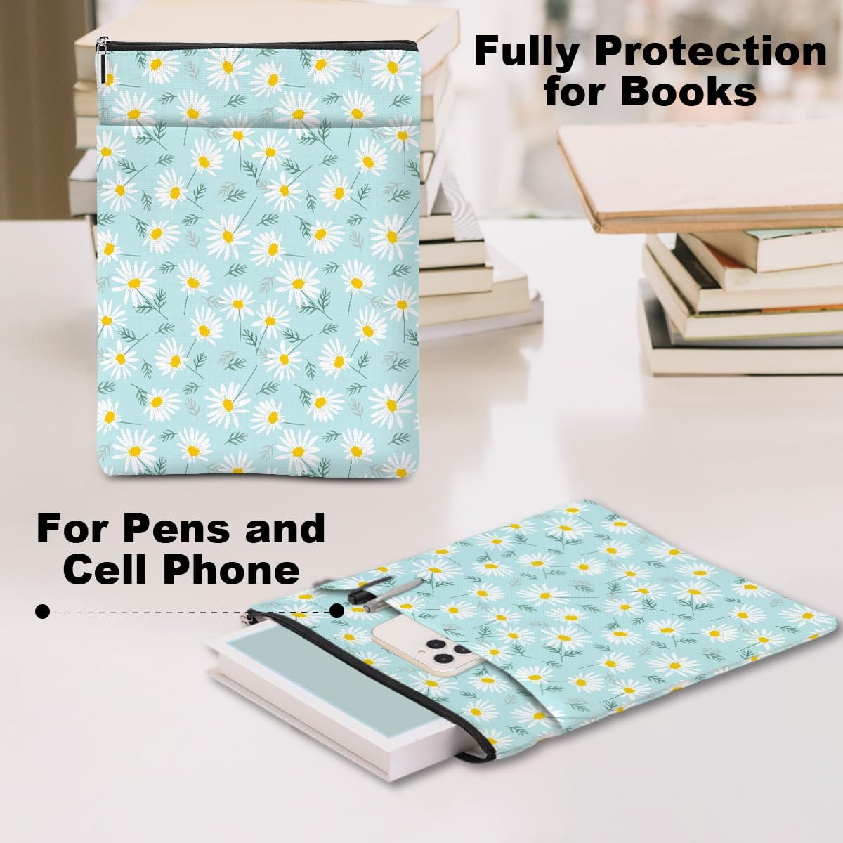Daisy Pattern Book Lovers Gifts Waterproof Book Sleeve Book Pouch Book Protector with Zipper and Front Pocket BookCover Case for Women Girl Readers Librarian Book Accessories Book Club Gifts