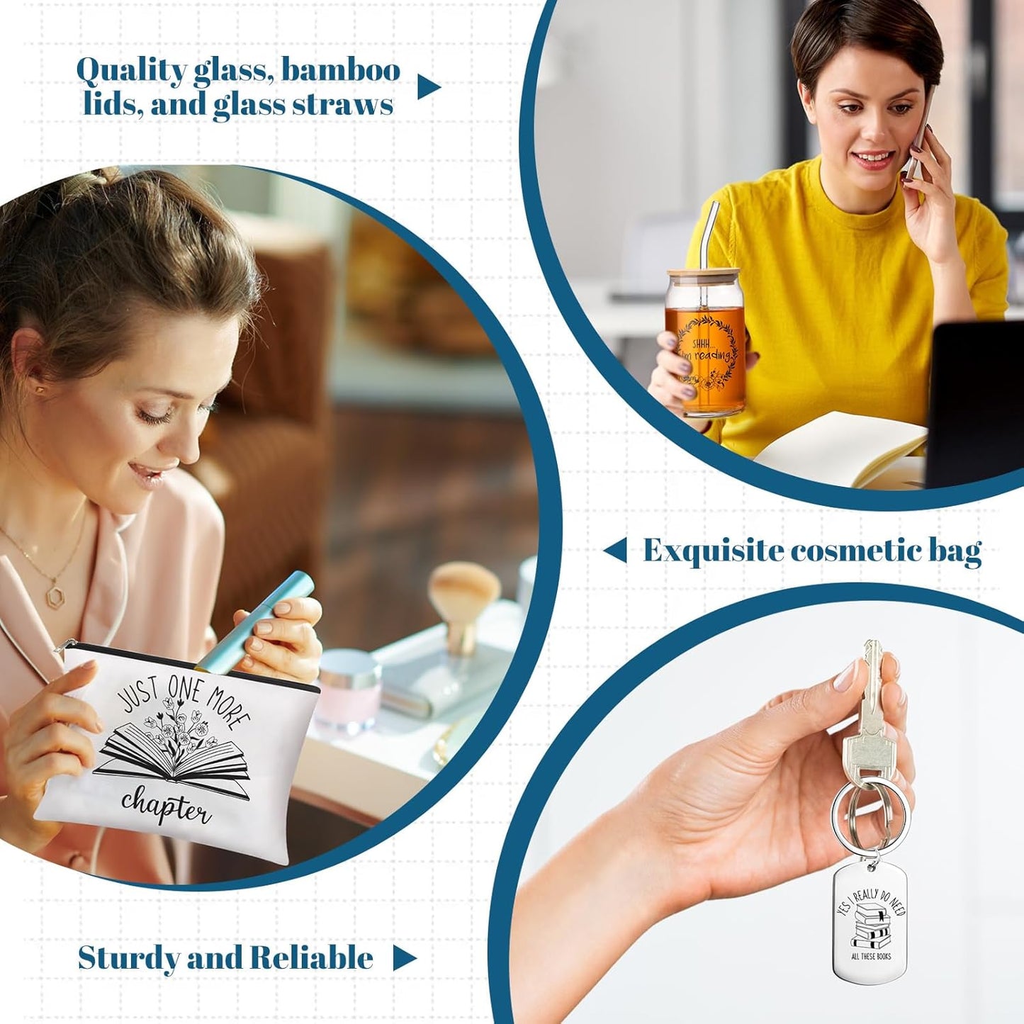 5 Pcs Book Lovers Gifts for Women Bookish Gifts for Readers Librarians Bookworms 16 oz Glass Cup Gift Box Makeup Bag Keychain Socks Birthday Presents for Book Lovers Women