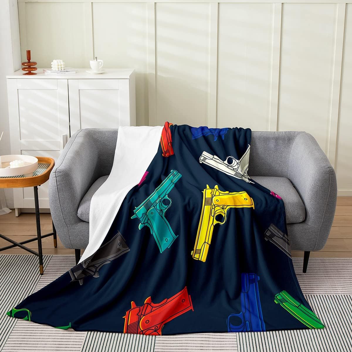 Colorful Pistol Print Fleece Throw Blanket,All Season Vice City Modern Luxury Bed Blanket Army Gun Flannel Fuzzy Blanket for Bed Sofa Couch,Bedroom Decor Plush Blanket Throw 50"x60"