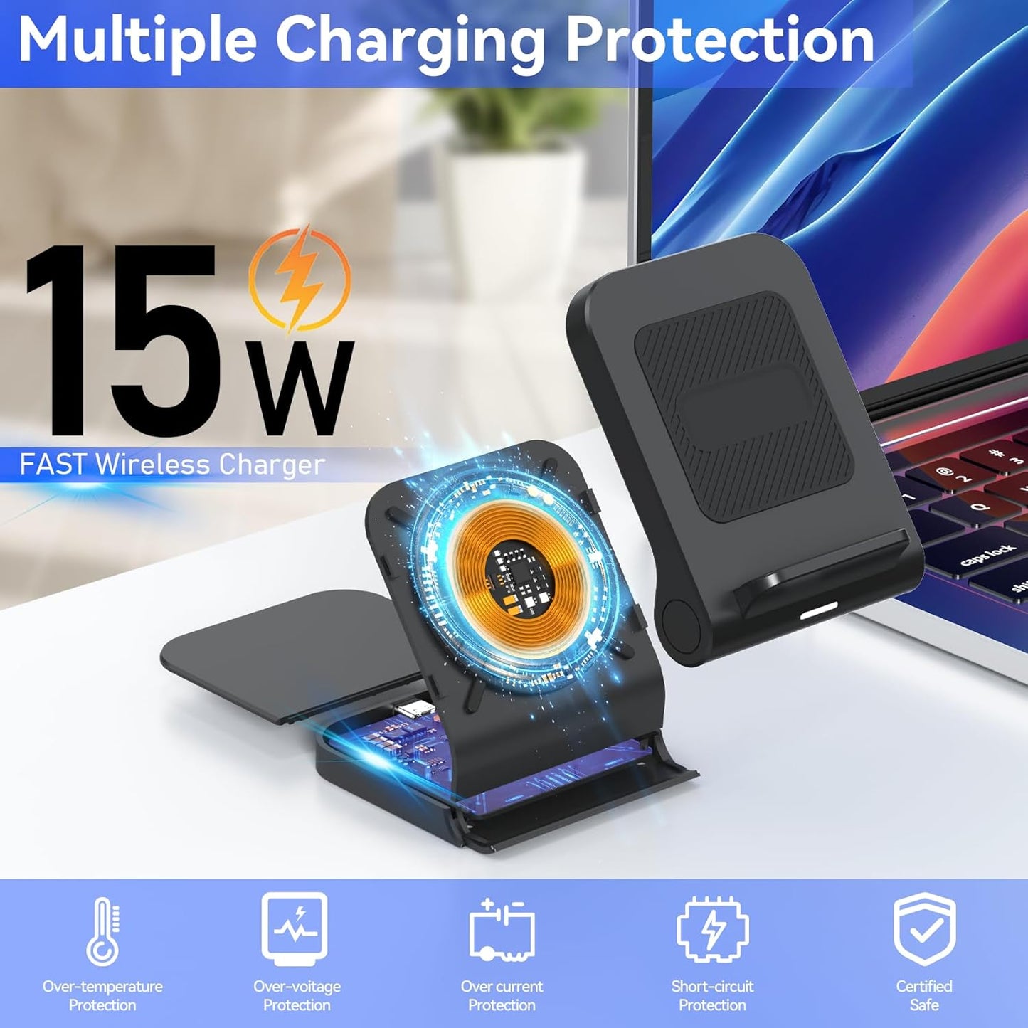 Geyo Wireless Charger for Samsung Galaxy Z Flip, 15W Fast Wireless Charging Stand, Compatible with Z Flip 7/6/5/4, for Motorola Razr/Razr+/Razr Ultra 2025, Non-Fold (QC3.0 Adapter Included) Black