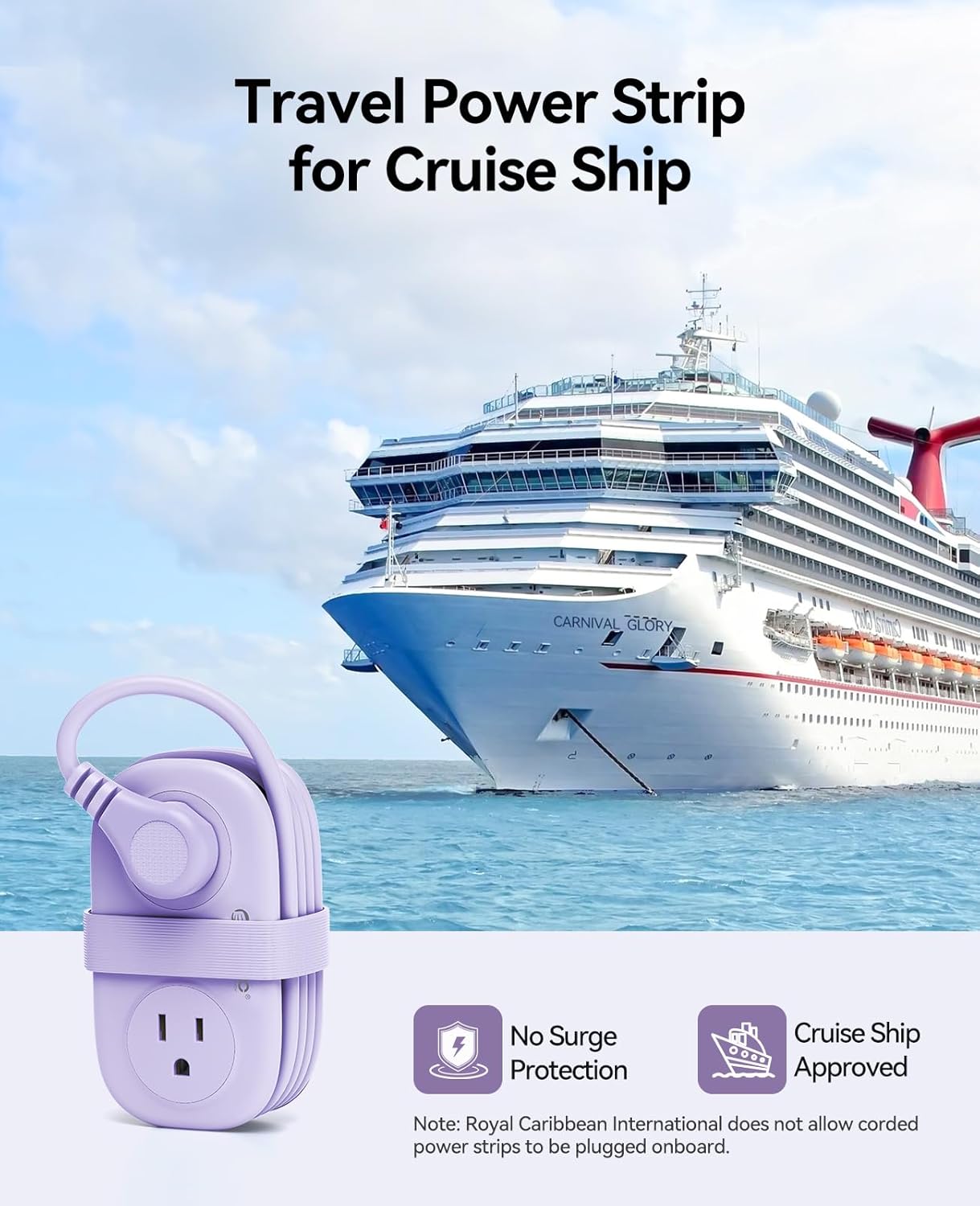 ORICO 4FT Purple Travel Power Strip with 4 AC Outlets, 2 USB-A Ports, and 1 USB-C Port, 45° Flat Plug Extension Cord with Non Surge Protector for Travel/Home/Dorm/Office-AP3