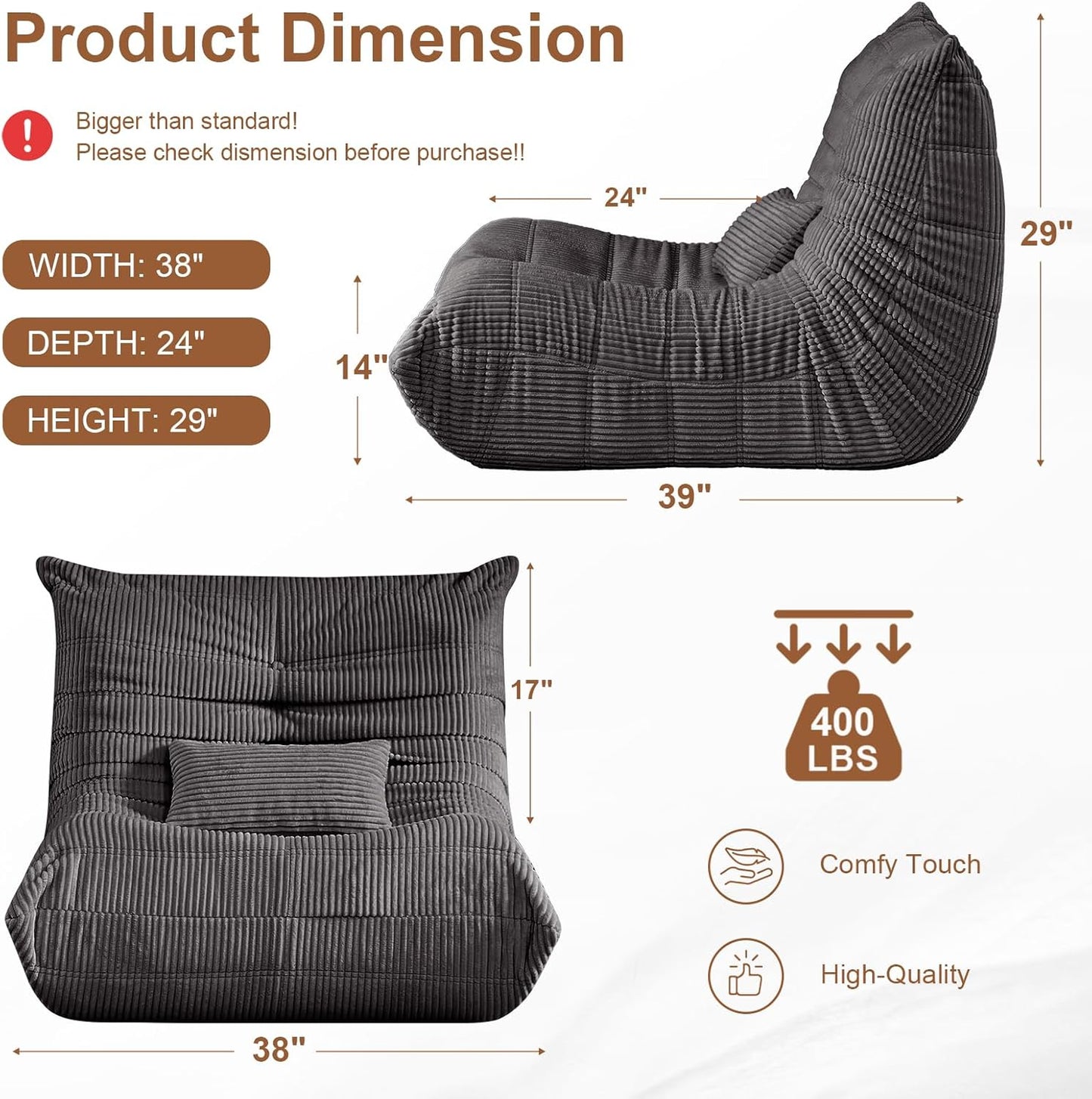 Bean Bag Chair for Adults - Large Bean Bag Chairs with Lumbar Pillow, Oversized Corduroy Memory Foam Boneless Chair with High-Rebound, Lazy Floor Sofa for Reading Gaming Living Room Bedroom, Grey