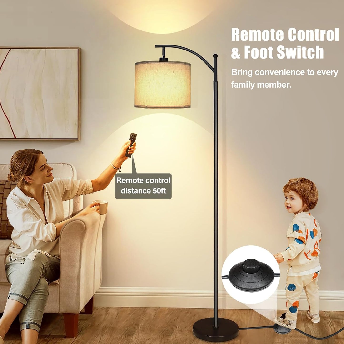 LED Floor Lamps for Living Room, 12W 1200LM Modern Arc Floor Lamp with Remote & Adjustable Linen Lampshade, 12 Color Temperature Stepless Dimmable Tall Standing Lamp (Beige Shade)