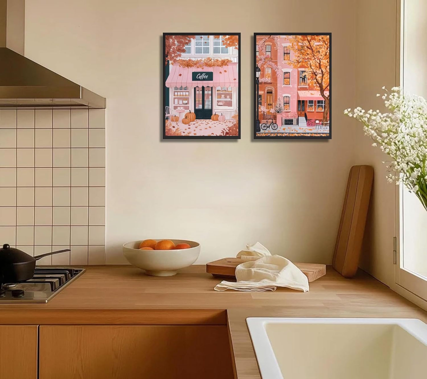 Fyivod 2pcs Autumn Pink Coffee Tea Shop Poster Wall Art Retro Pumpkin Spice Painting Picture Wall Decor Autumn Landscape Painting Print Artwork for Kitchen Bedroom Cafe Home Decoration 12x16in