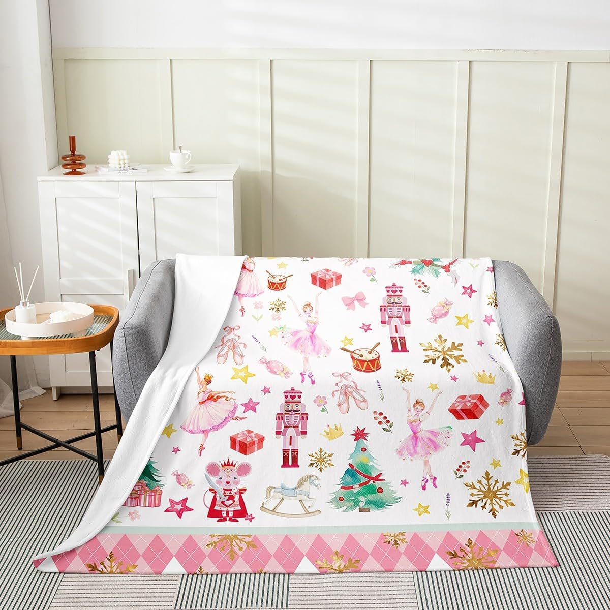 Feelyou Pink Christmas Plush Throw Blanket Ballet Nutcracker Flannel Blanket Throw 50"x60" Snowflake All Season for Couch Bed Sofa Bedroom Decor