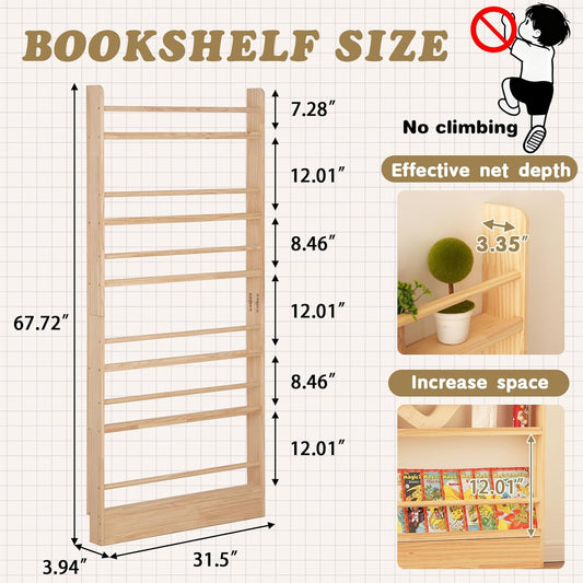 Kids Bookshelf, 6 Tier Shelves Behind The Door Book Shelf Storage, Children's Solid Wood Bookcase Space- Saving, Wall Mount Bookshelf for Bedroom, Living Room, Office and Nursery（Natural Wood）