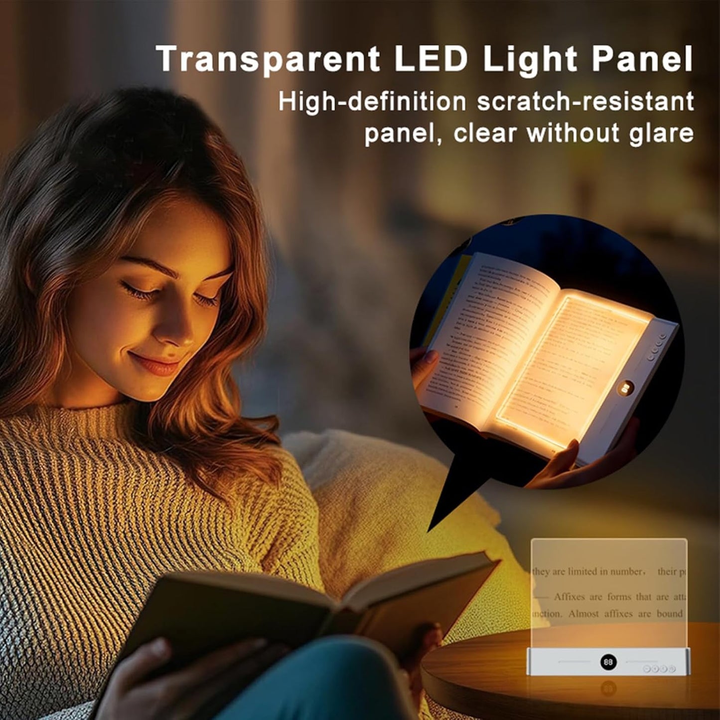 Smart Flat Book Light, Rechargeable Clear LED Reading Light with 3 Colors & Timer, Flat Reading Lamps for Book, Dimmable Full Page Panel Plate Lamp, Kids Eye Protection for Night Reading in Bed