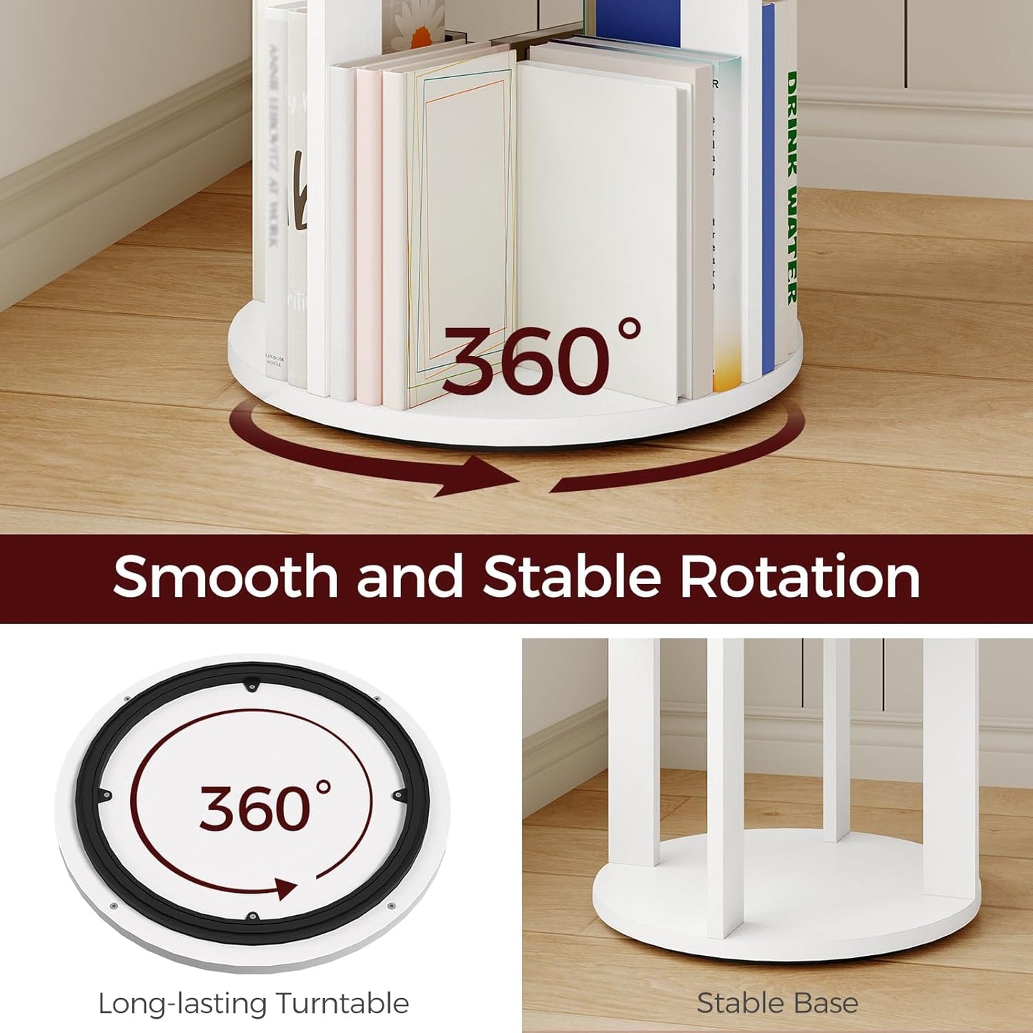 5-Tier Rotating Bookshelf, 360° Spinning Bookshelf Tower, Floor Standing Round Revolving Bookcase, Display Rack for Books, CDs, for Living Room, Study, Bedroom, White BKWT6501