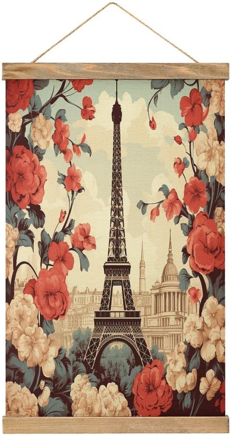 Vintage Paris Vintage Floral Poster with Wooden Frame Personalized Linen Hanging Scroll Painting Rustic Wall Hanging Illustrative Modern Artwork Decor for Home Living Room Bedroom Office