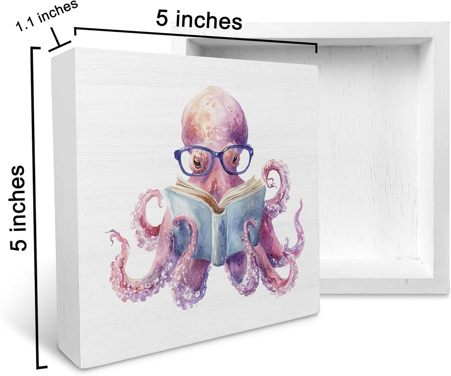 Ku-Dayi Funny Octopus Reading Wooden Box Sign, Book Lovers Gifts Wood Box Decorations for Library Classroom Reading Corner Nook Room, Book Lovers Gifts Wooden Block Plaque Desk Shelf Decor Accents 5x5 Inch