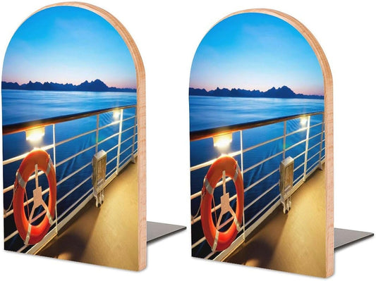 Pool Party Cruise Ship Wooden Bookend Non-Slip Book Ends Heavy Duty Book Stopper with Metal Base Books Holderd Decorative Bookends Stands Firmly for Office Supplies