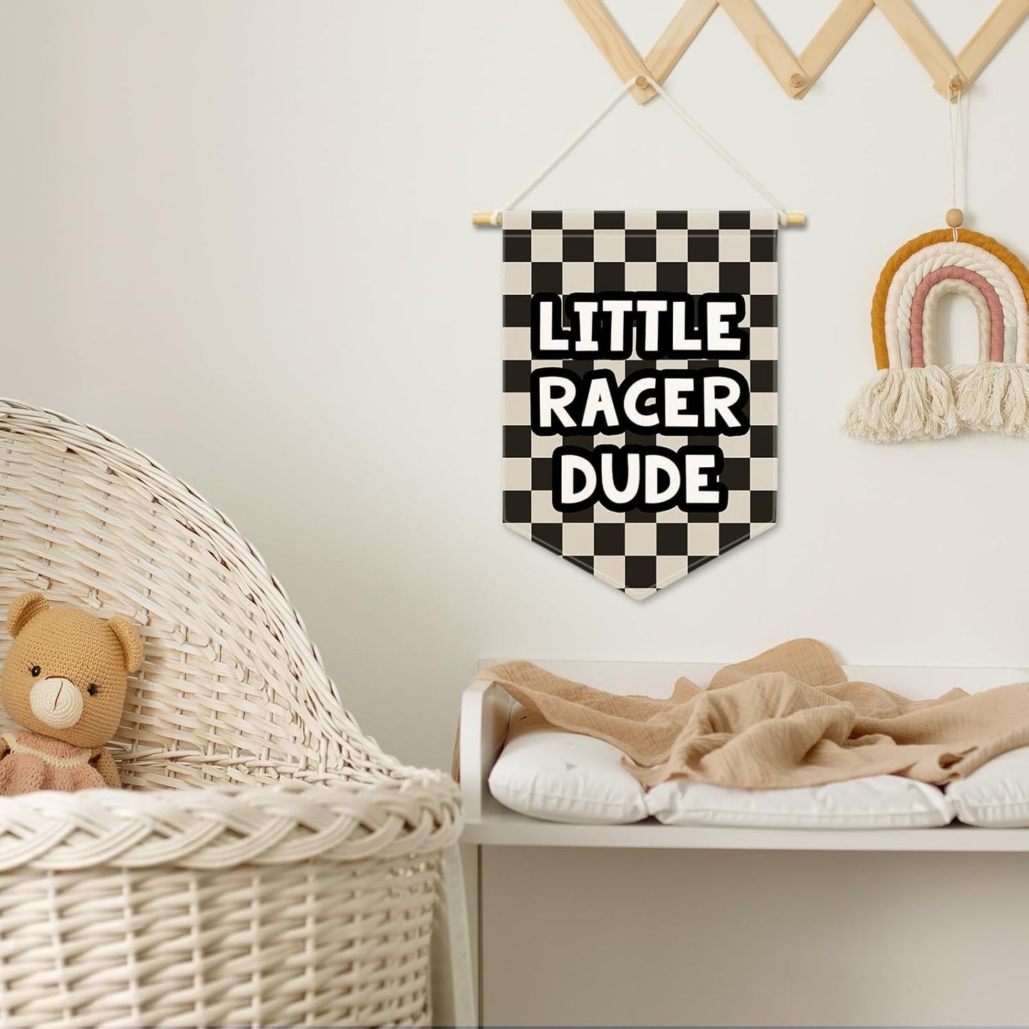 Playroom Boys Kids Room Decor, Black Checkered Little Racer Dude Banner Canvas, Nursery Wall Hanging Frame Decor Art Pennant Flag for Toddler Room Preschool Dorm Little Boy 11x15in