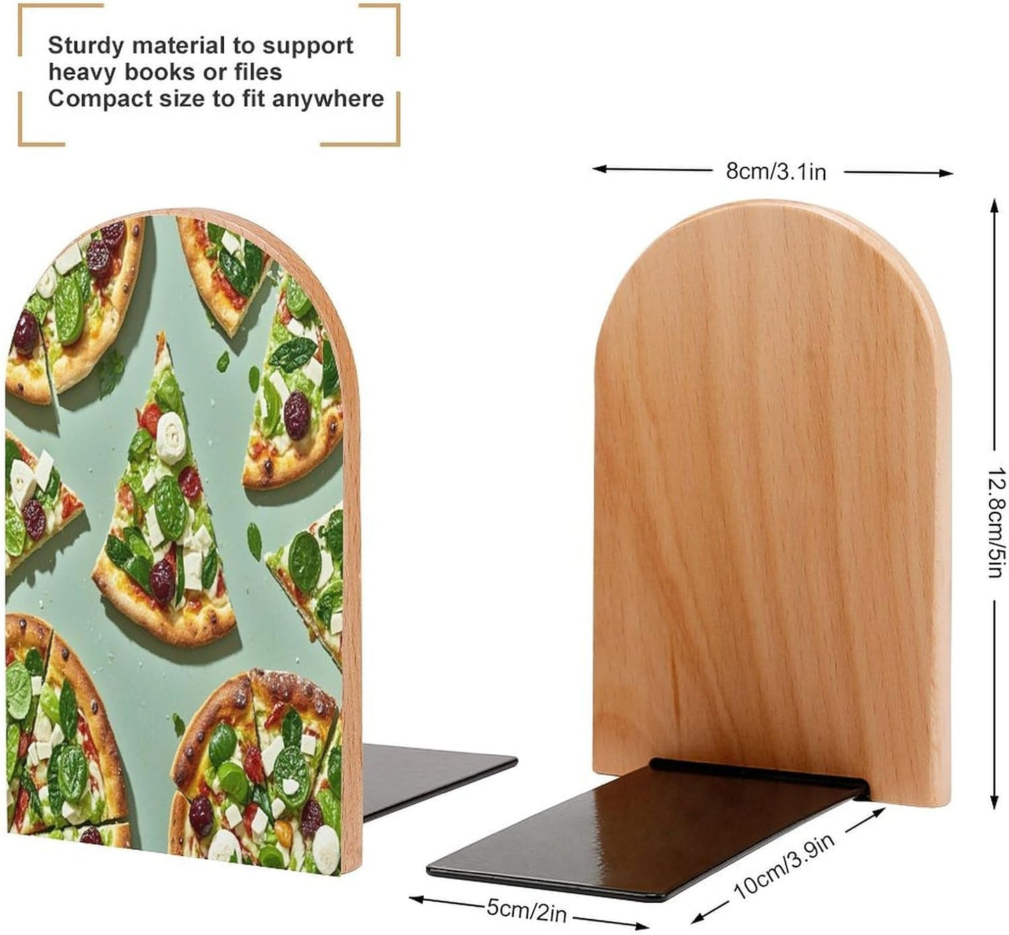 Green Pizza Slices Bookends 1 Pair Heavy Duty Book Ends for Shelves Non-Skid Bookend Supports Wooden Book Holders with Metal Base Desk Organizers Books Storage to Hold Books