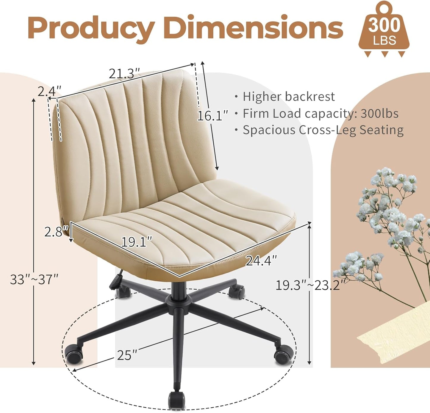 Karl home Criss Cross Chair Armless Desk Chair with Wheels Cross Legged Office Swivel Chair Wide Adjustable Comfy Padded Vanity Chair with Dual Purpose Base, PU Khaki