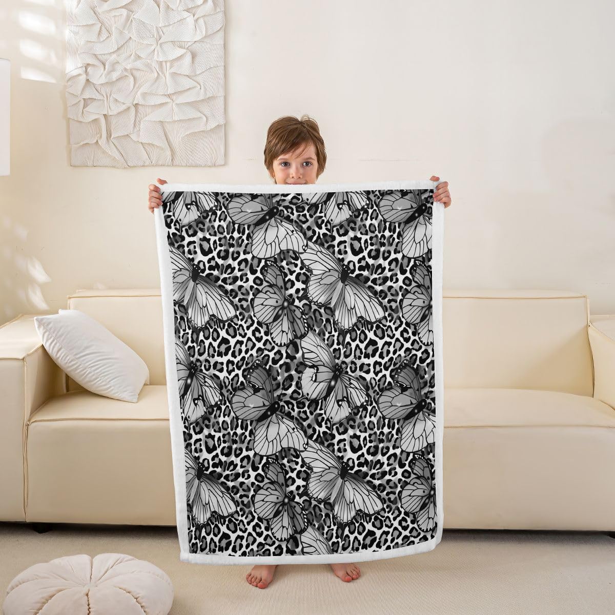 Feelyou Black Leopard Printed Sherpa Throw Blanket for Couch Butterfly Super Soft Cozy Fleece Animals Blanket for Winter, Plush Throw Baby 30"x40" All Season