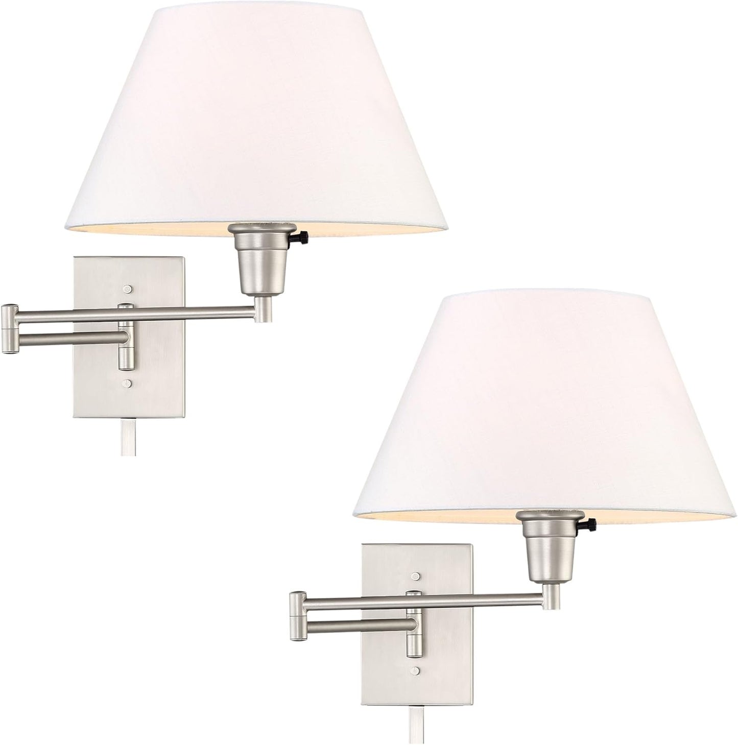 Kira Home Cambridge 15" Swing Arm Wall Lamp - Plug in/Wall Mount + White Fabric Shade, 150W 3-Way + Cord Covers, Satin Nickel Finish, 2-Pack