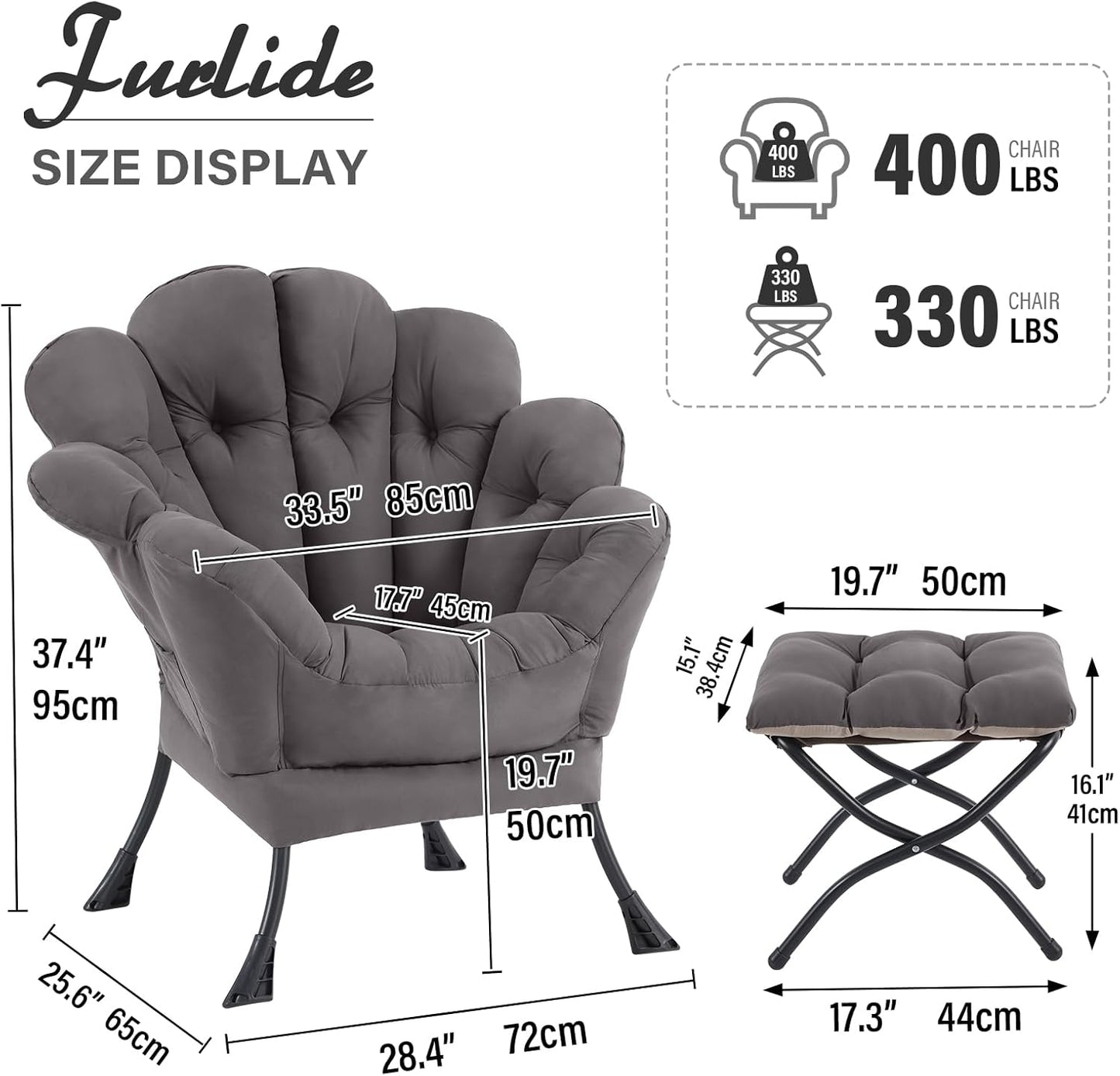 Lazy Chair with Ottoman, Modern Floral Reading Chair with Folding Footrest, Dark Grey Accent Chairs, Comfortable Oversized Armchairs for Bedroom, Living Room, Courtyard