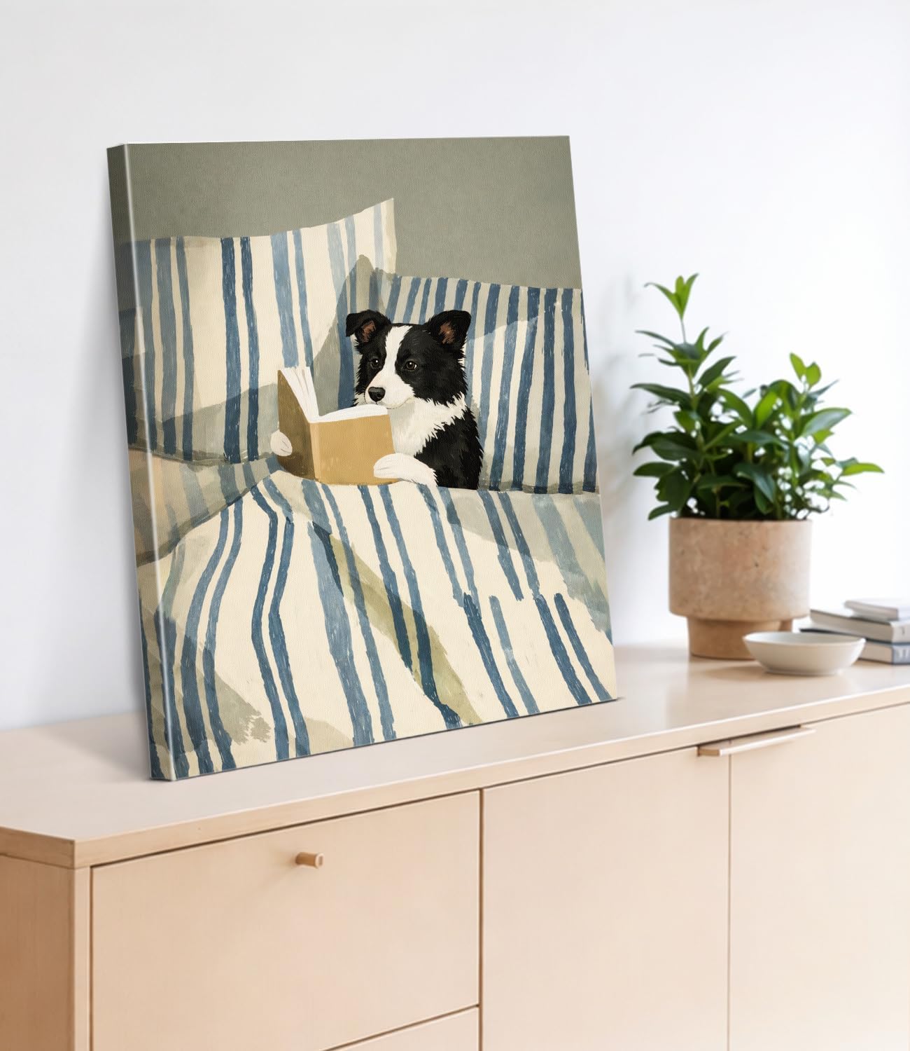 Vintage Dog Reading Wall Art Print - Bookish Border Collie Canvas Poster Painting - Dog Lover Gifts Wall Decor for Home Bedroom 8x10 Inch Framed