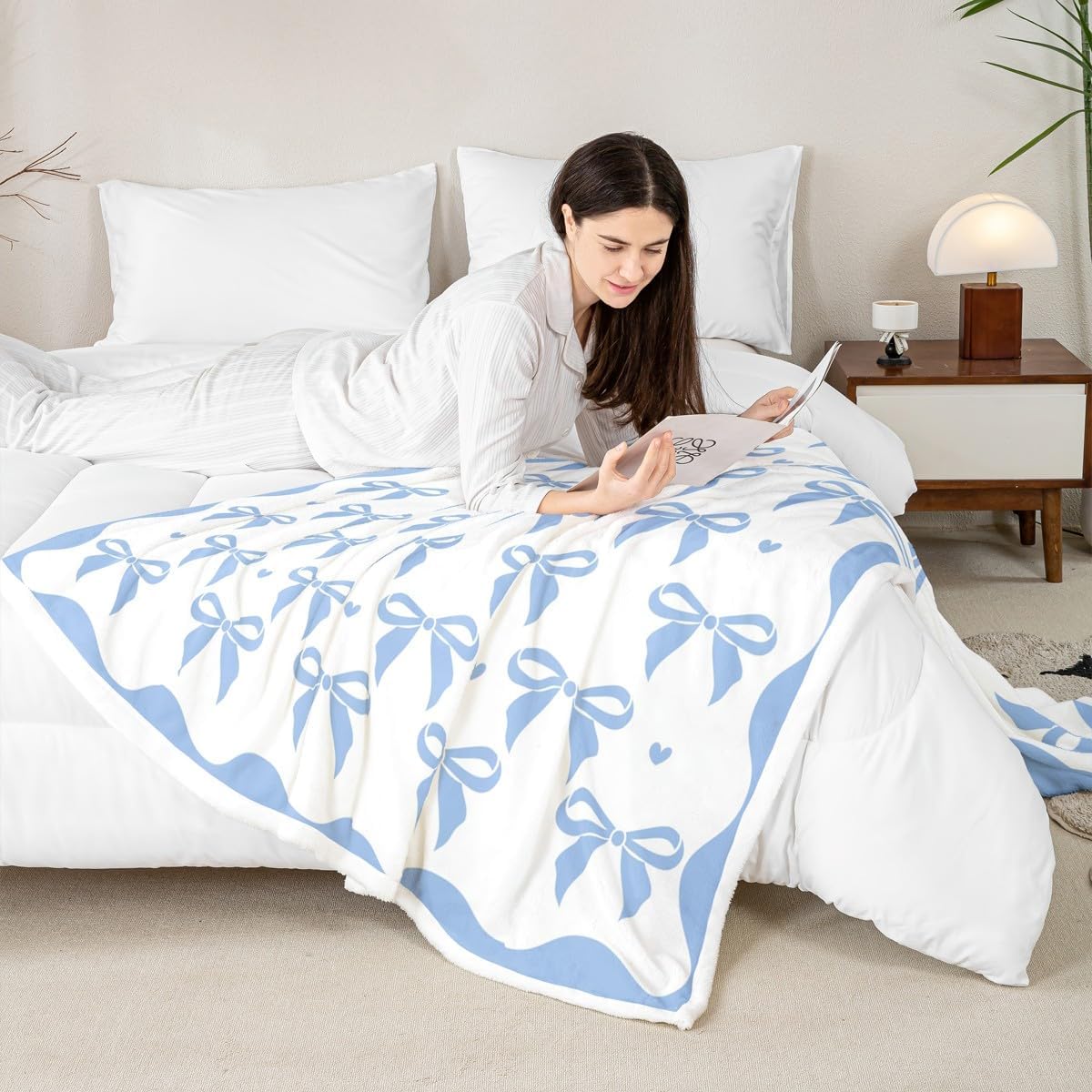 Feelyou Blue Bow Sherpa Throw Blanket for Couch Cute Coquette Bow Knot Super Soft Cozy Fleece for Kids Boys Girls Blanket for Winter,Plush Throw Blue Bowknot Throw 50"x60" Preppy Style All Season