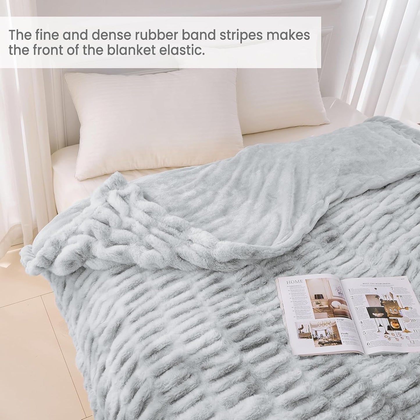 Warm Fuzzy Faux Fur Blanket, Elastic Striped Fleece Throw Blanket for Couch Sofa Bed Living Room, Light Grey Double-Sided Furry Blanket and Throws - 50"x 60"