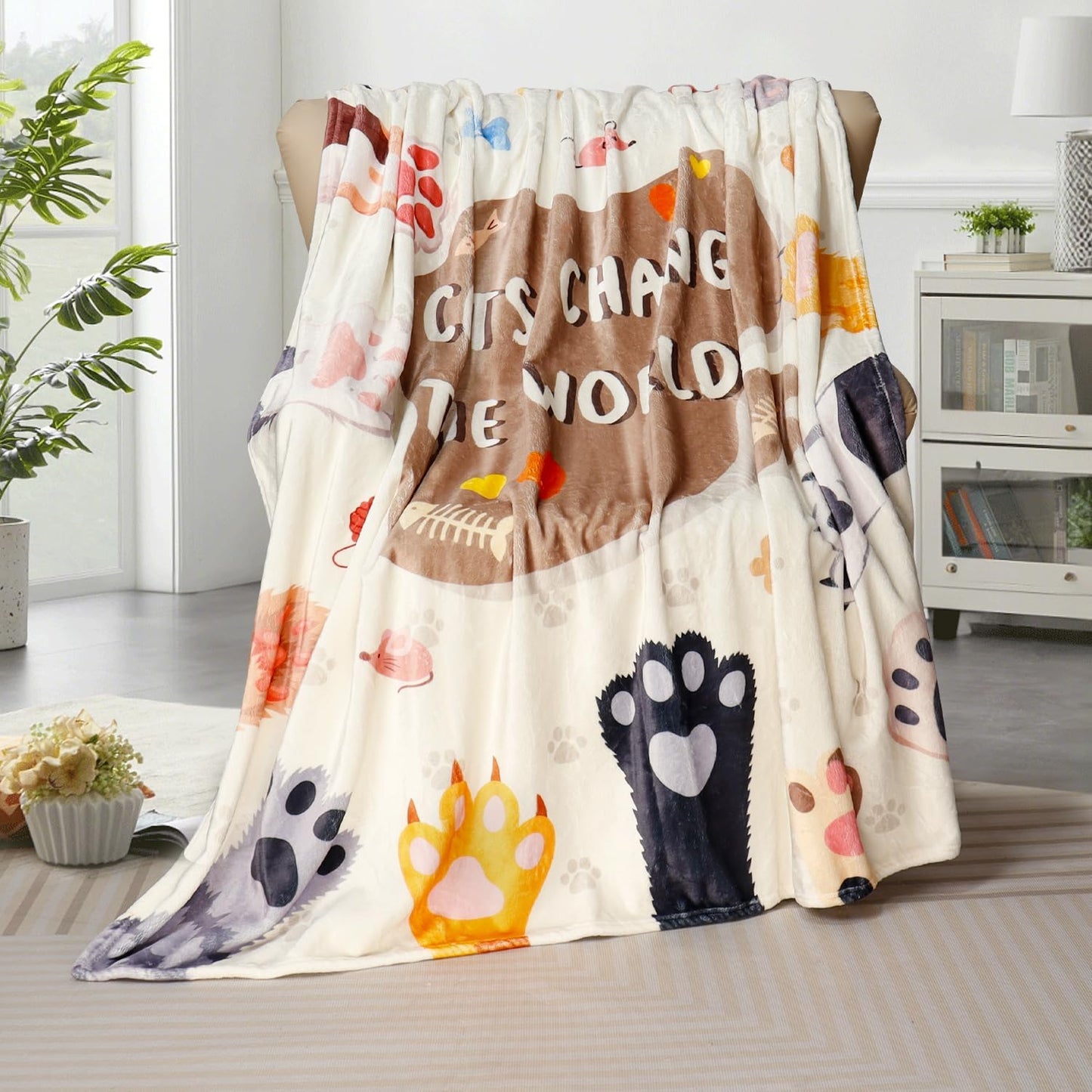 Cat Throw Blanket Gift for Cat Lover Women Children Colorful Flannel Fleece Throw Blanket Cute Cats Paw Print Cozy Fuzzy Plush Throw Blankets for Bed Chair Couch 50" X 60"