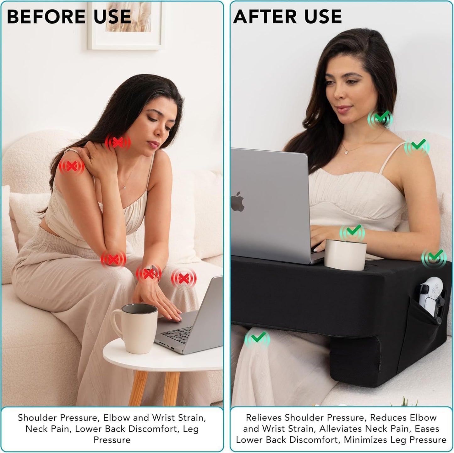 Reading Pillow for Gaming – Extra Large Lap Desk & Arm Rest with Cup & Phone Holder, Adjustable Heights, Laptop Support, Large Pockets – Comfortable for Work, Gaming & Crocheting (Black)