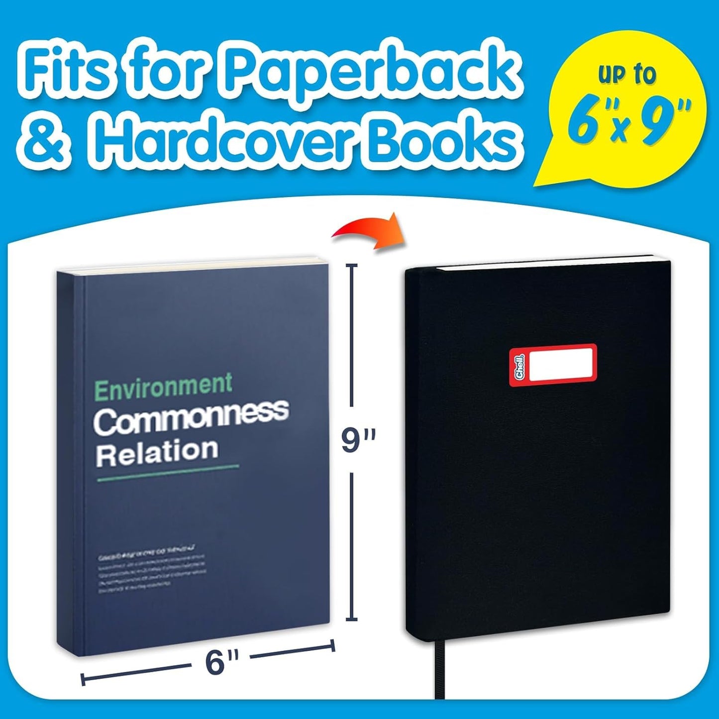 Chell Black Fabric Book Covers 6"x9", Book Sox Up to 8.5"x9.5", Stretchable and Reusable Book Protector, for Paperback and Hardcover, Pack of 2