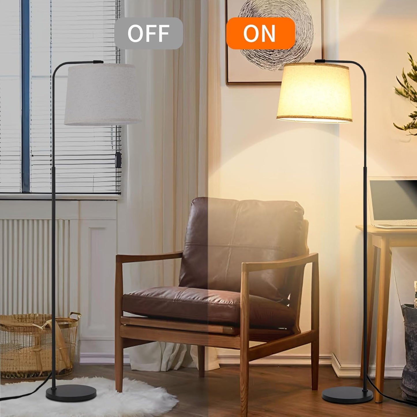 Arc Floor Lamps for Living Room, Modern Floor Lamp for Bedroom, Foot Pedal Control Standing Lamps with Adjustable Linen Lampshade, Tall Lamp with 9W Bulb for Office Reading Room Nursery (Black)