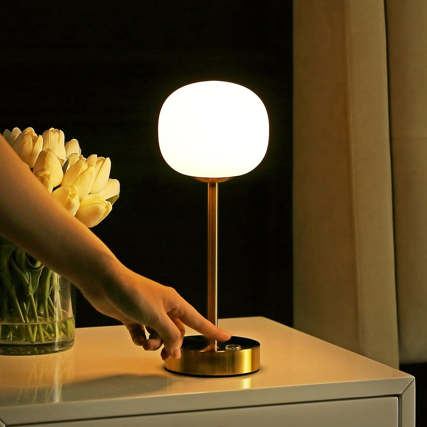 JONATHAN Y 12.25" Brass Gold/White Rechargeable Table Lamp, Modern Cordless LED Nightstand Lamp, White Glass Shade, Dimmable Portable Desk Lamp for Bedroom Living Room Dining (JYL7108C)