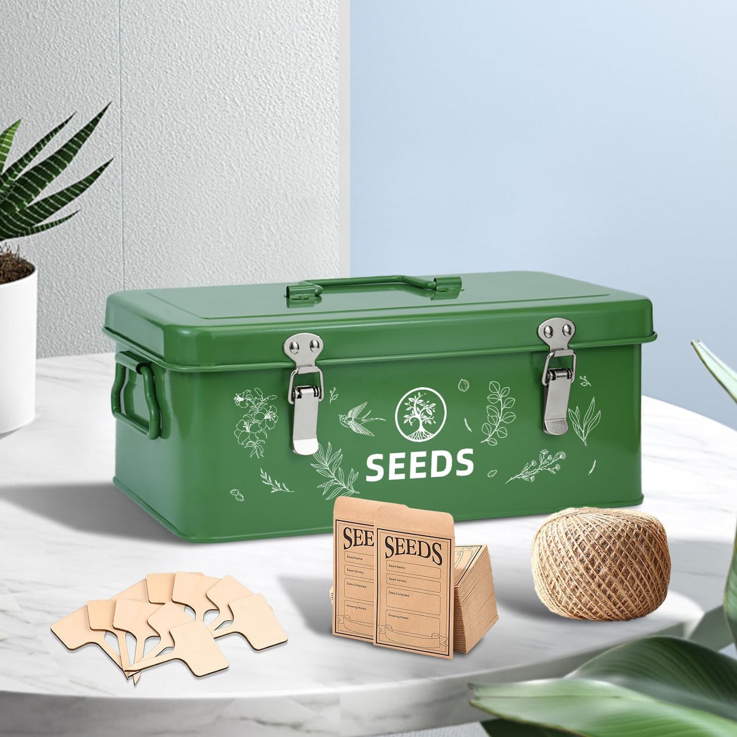 Seed Storage Box, Seed Storage Organizer with Garden String, 30 Seed Envelopes and Bamboo Plant Labels, 4 Compartments Garden Seed Organizer Box with Safety Locks, Dark Green