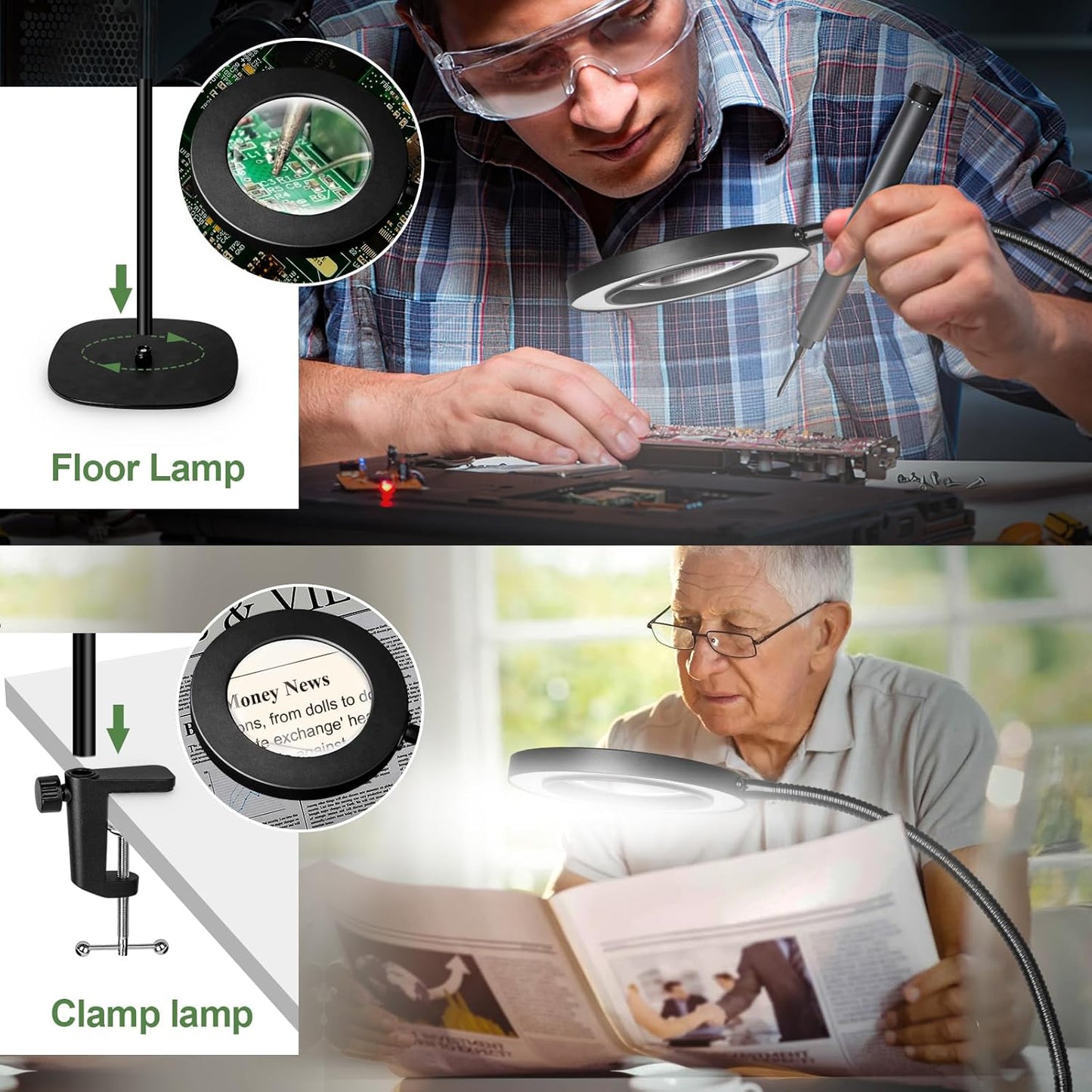 HITTI 10X & 30X Floor Magnifying Glass with Light, Standing Mag Lamp for Close Work, Esthetician, Jewellery, Craft, Facial, Adjustable Color Modes and Flexible Gooseneck LED Lighted Magnifier(Black)