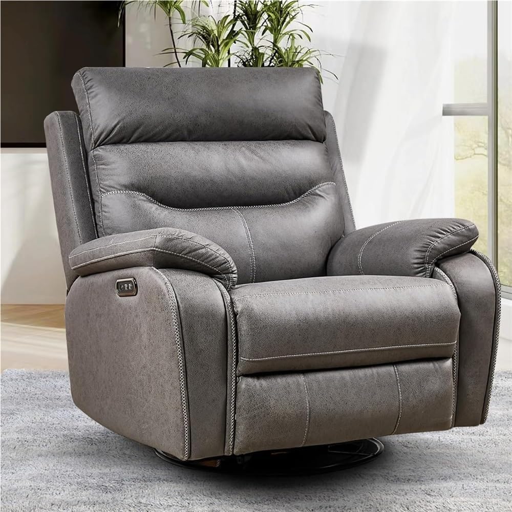 Dual Motor Power Swivel Rocker Recliner with One-Key Reset, Infinite Position Electric Leather Chair with USB Port, Modern Glider Recliner for Living Room & Nursery
