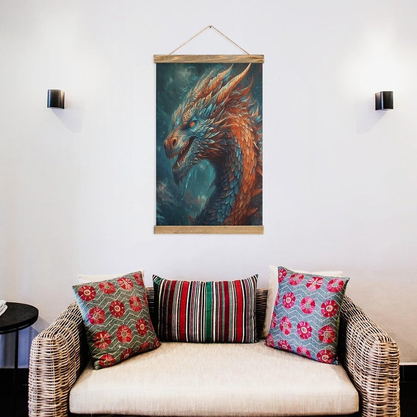 Vintage Dragon Art Poster with Wooden Frame Personalized Linen Hanging Scroll Painting Rustic Wall Hanging Illustrative Modern Artwork Decor for Home Living Room Bedroom Office