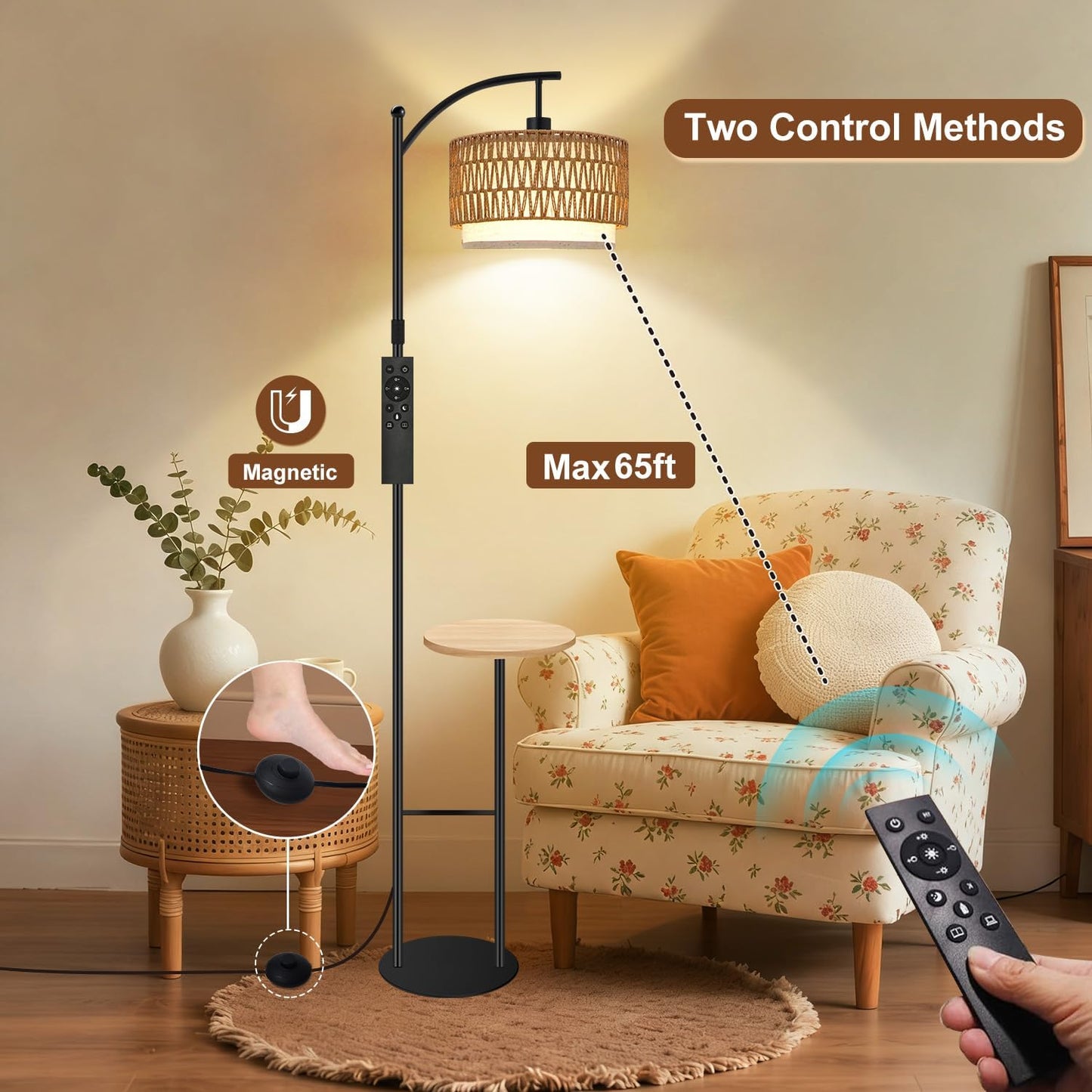 Arc Floor Lamp with Table, Boho Rattan Floor Lamps for Living Room with Remote Dimmable 3 Color Temperature, Wicker Standing Lamp Double Lampshades,Rustic Tall Lamps for Bedroom Office Corner