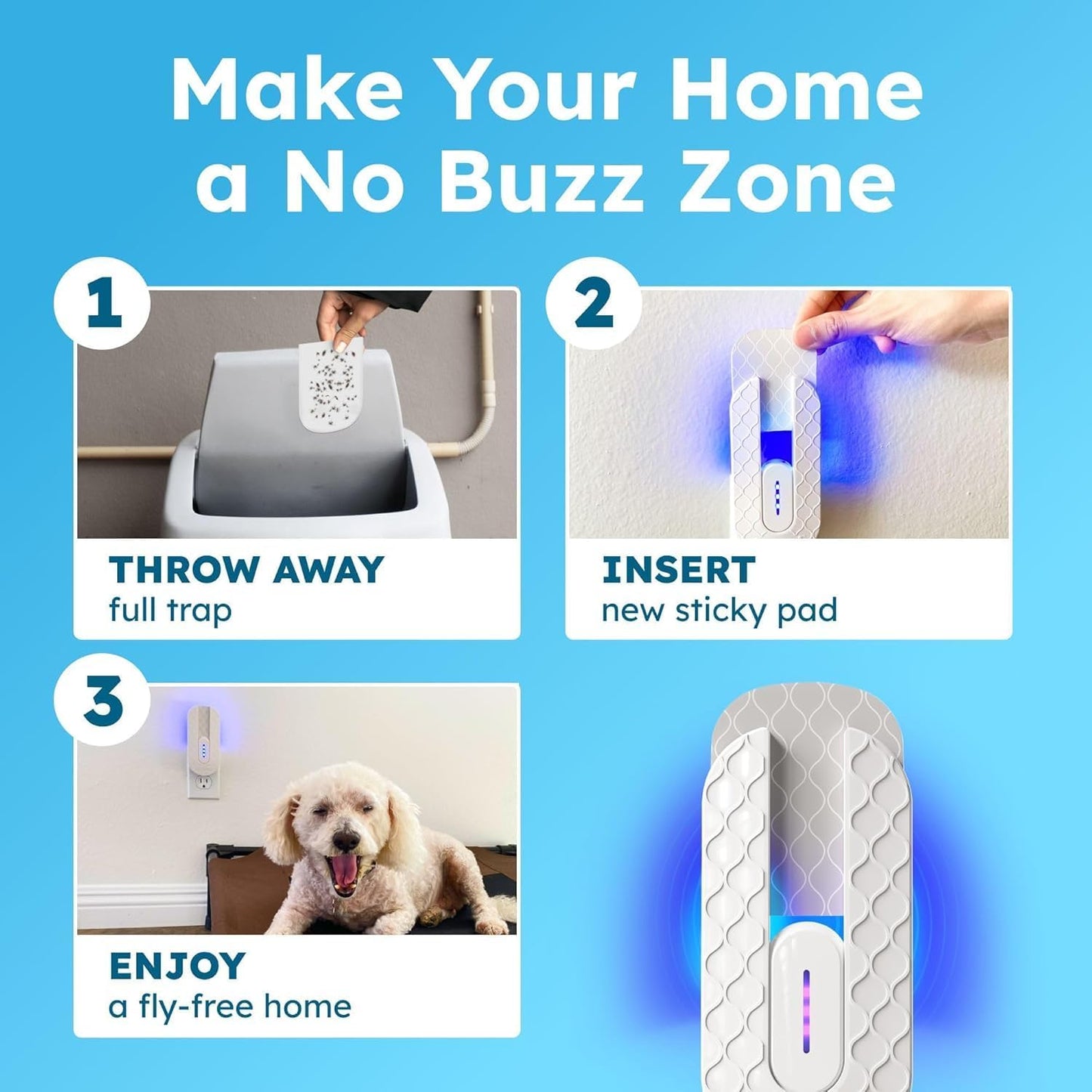BugMD No Buzz Zone - Flying Insect Trap Catcher Indoor Fly Safer Home Fruit Traps for Gnat Moth Mosquito Bug Light Plug in Killer Refillable Uv Zapper Flea Inside and Indoors 3 Device + 9 Refill