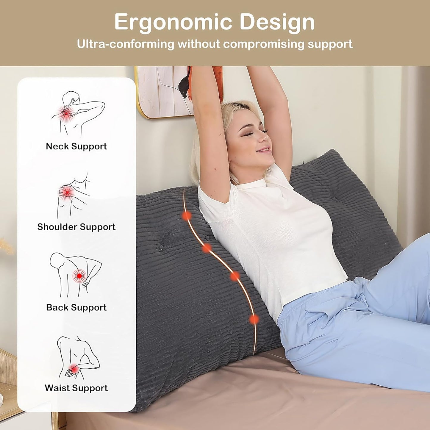 Headboard Pillow Queen, Wedge Headboard Pillow for Bed Sofa, Triangular Backrest Pillow with Removable Cover for Reading, Working, Sitting, Dark Grey