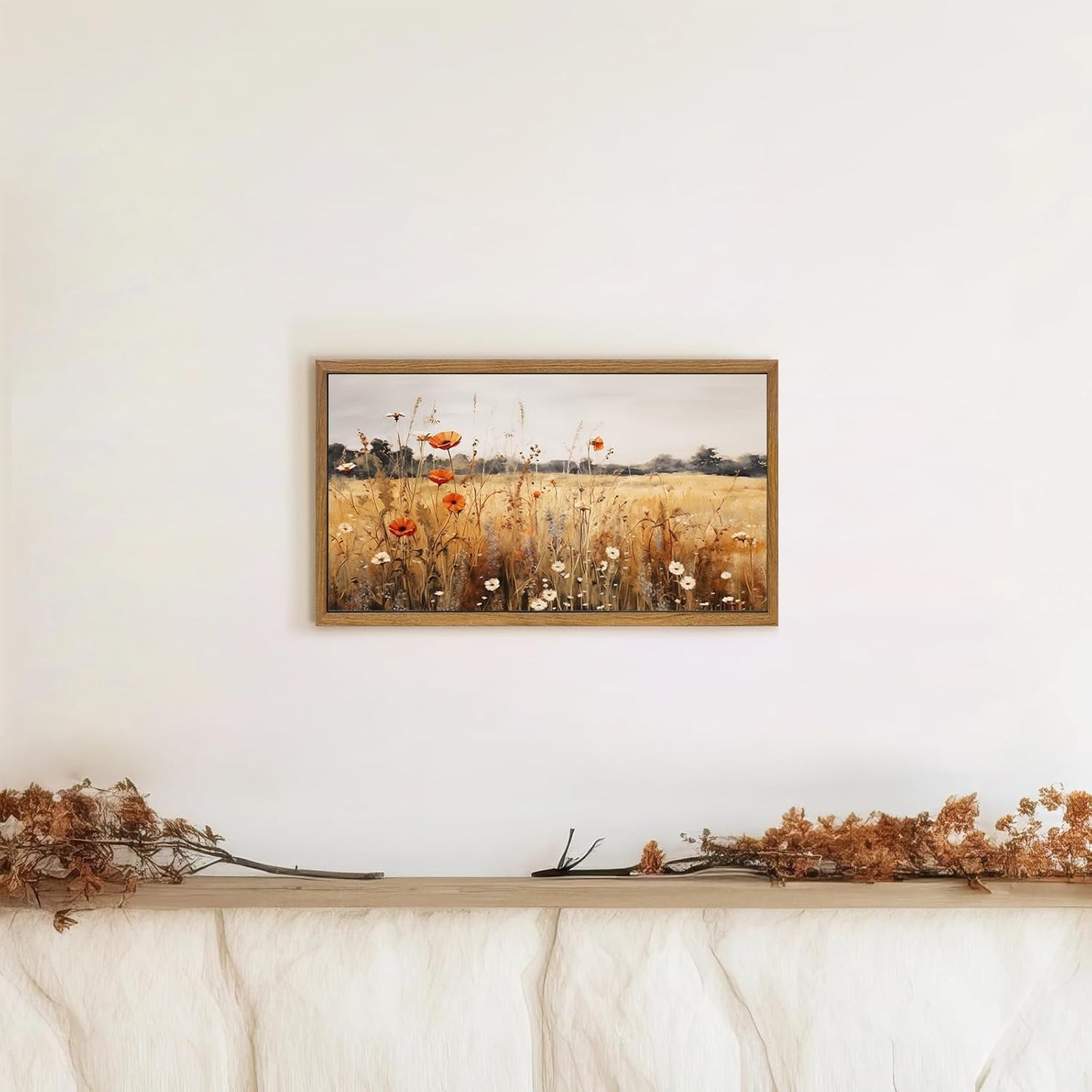 Aroutde Framed Fall Wildflowers Canvas Wall Art Vintage Autumn Flowers Wall Decor Nature Scenery Canvas Prints Landscape Artwork for Gallery Office Living Room Bedroom 18''x10''