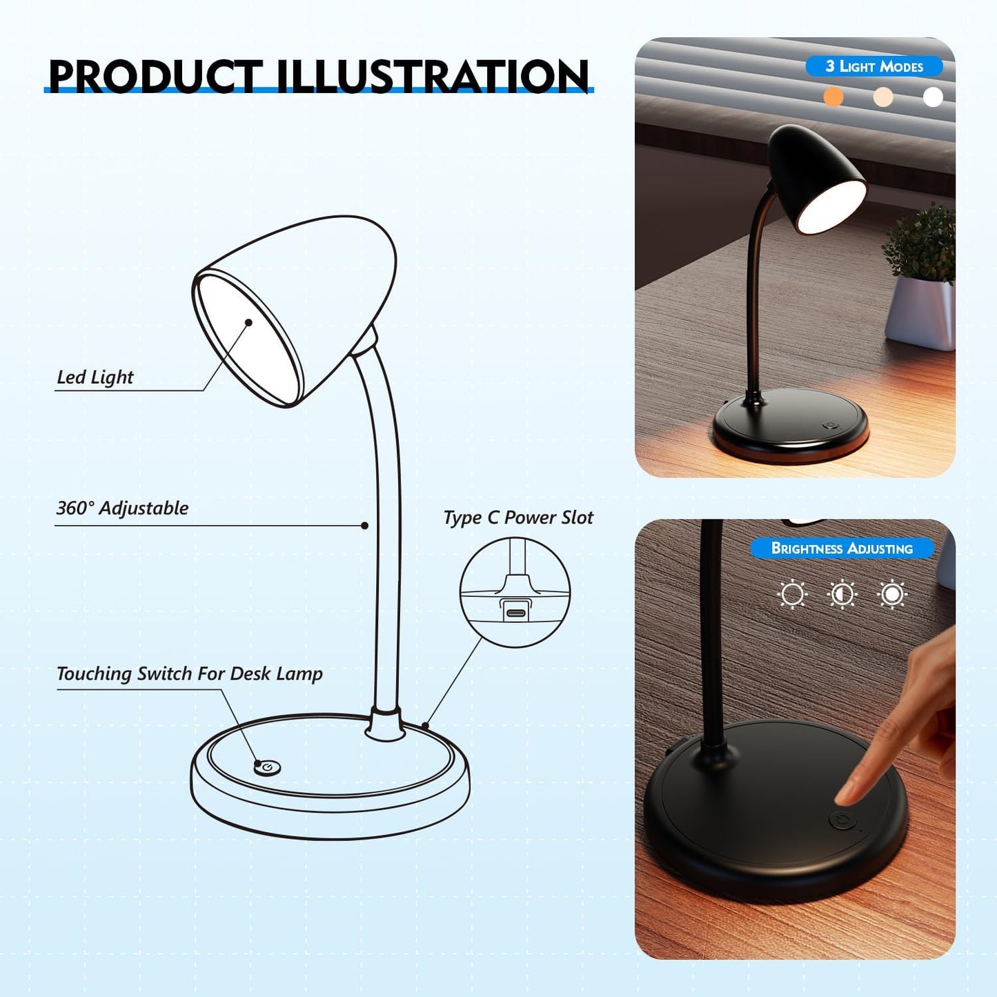 LED Desk Lamp for Home Office,3 Light Colors,Table Lamp,Dimmable Reading Light for Bedside Small Desk Lamp for College Dorm Room,Bedroom Desk Light,Black