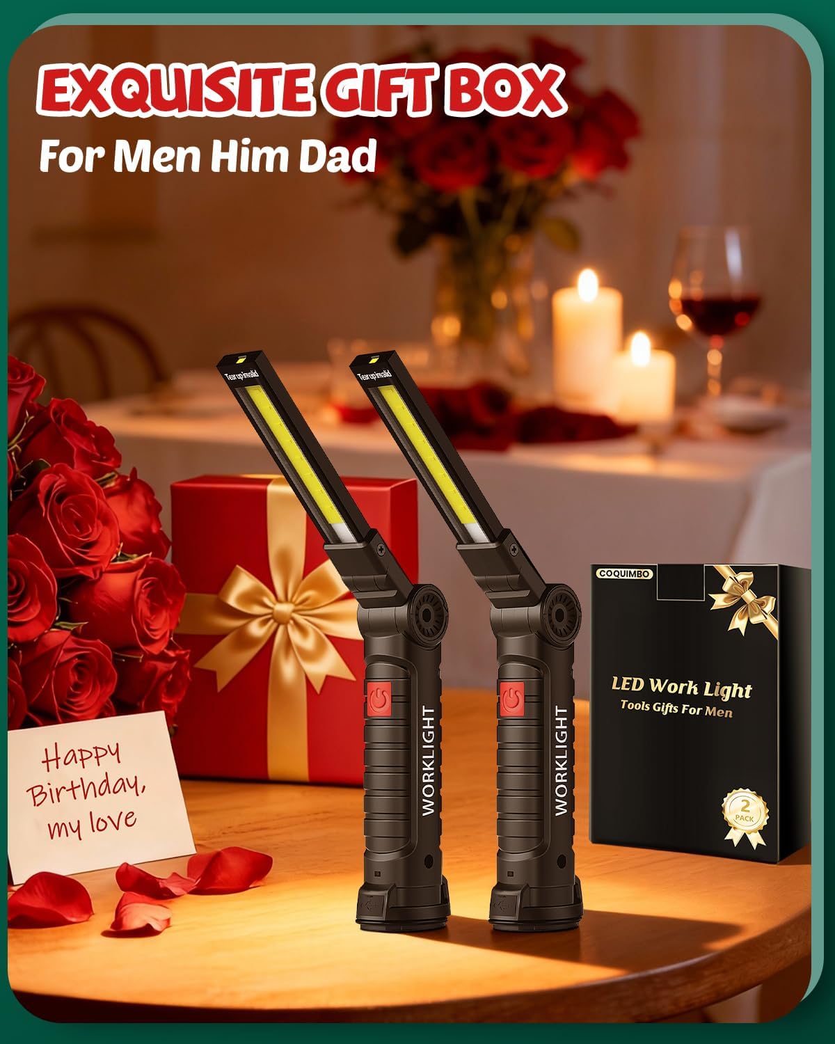 Coquimbo Tool Gifts for Men Him Dad Husband, Rechargeable LED Work Light BBQ Grill with Magnetic Base Hook, 360° Rotate Mechanic Flashlight Mens Easter Birthday Gifts (2 Pack Black)