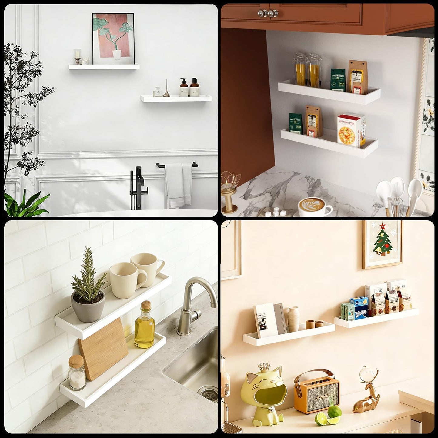2 Pack 15.7 in White Floating Shelves for Wall, Wooden Wall Shelves for Bedroom Living Room Kitchen, Modern and Rustic Bathroom Shelves with Raised Lip, Decor Floating Shelf for Storage Display