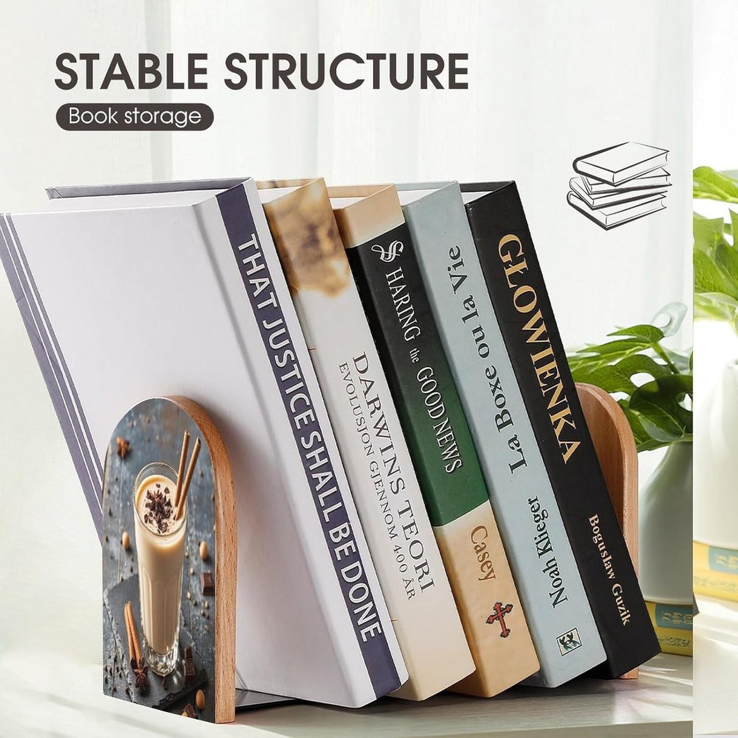 Eggnog Bookends 1 Pair Heavy Duty Book Ends for Shelves Non-Skid Bookend Supports Wooden Book Holders with Metal Base Desk Organizers Books Storage to Hold Books