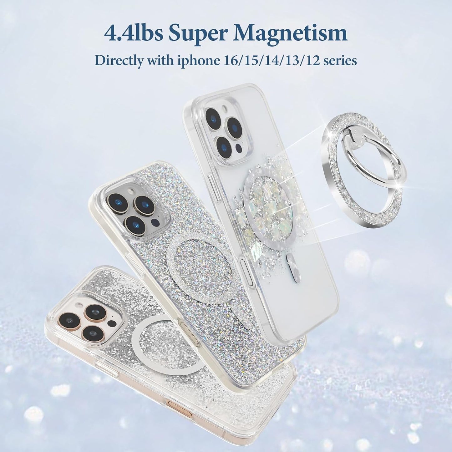 Magnetic Phone Ring for MagSafe Grip [Super Magnet] Stylish Twinkle Ring Holder Stand with, Mag Safe Accessory for iPhone 16/15/14/13 Pro Max Plus, Silver