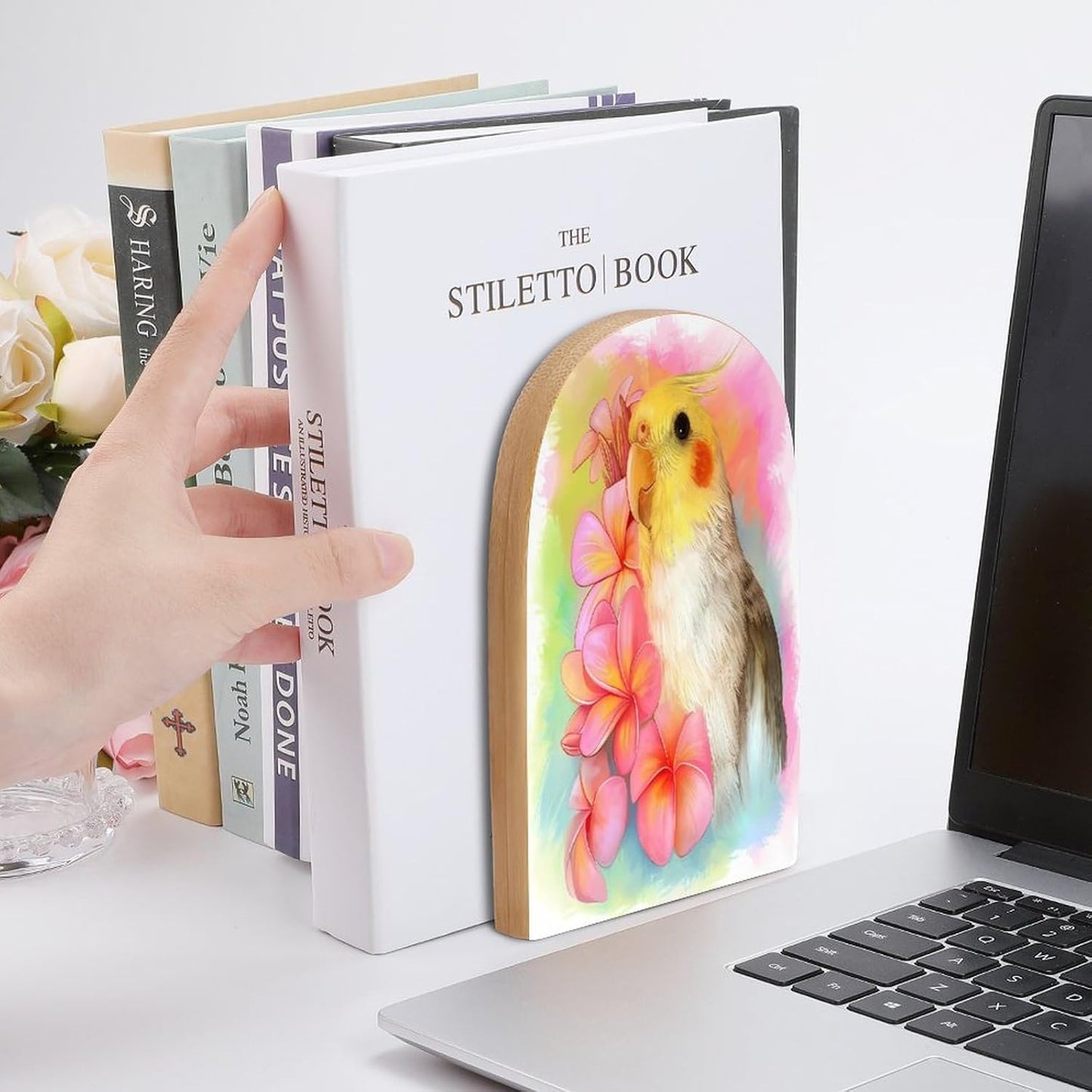 Cute Cockatiel Wooden Bookend Non-Slip Book Ends Heavy Duty Book Stopper with Metal Base Books Holderd Decorative Bookends Stands Firmly for Office Supplies