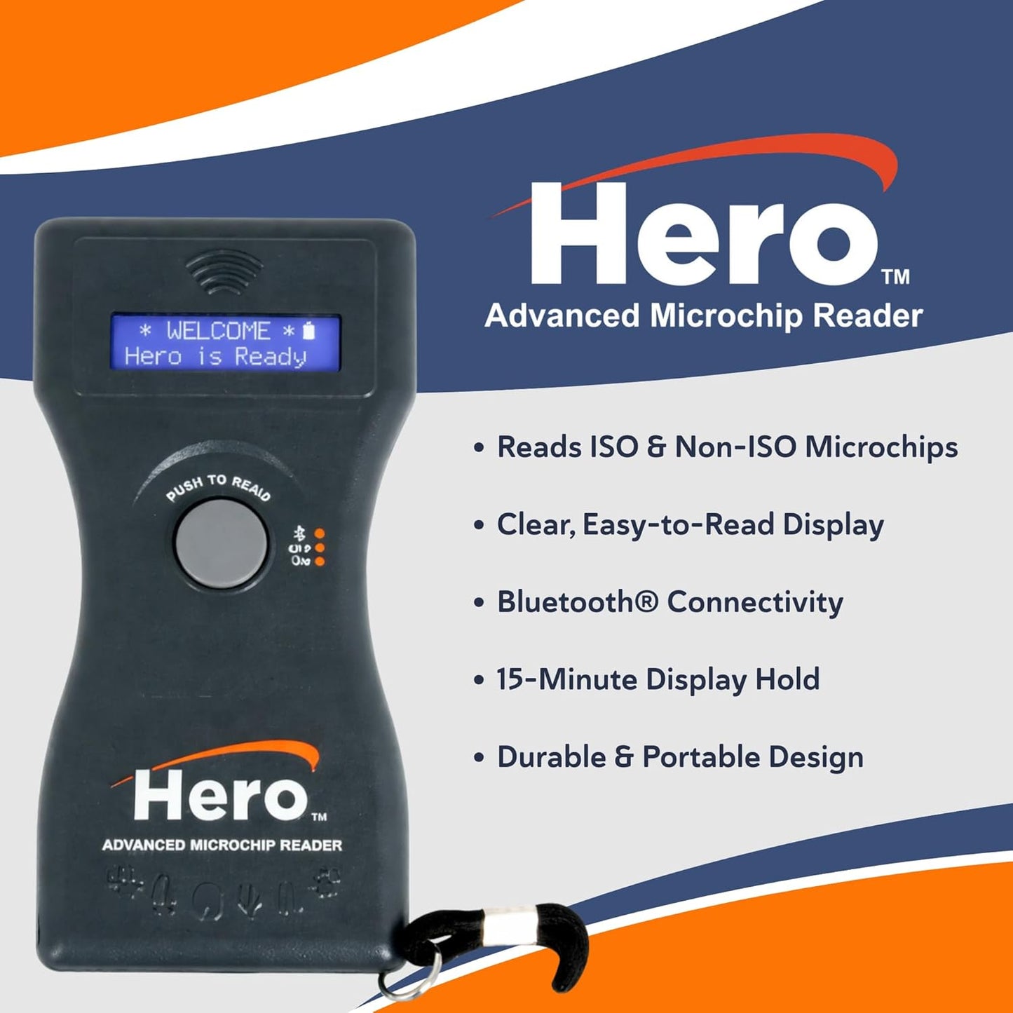 Hero Universal Microchip Scanner, Reads ISO & Non-ISO Pet Microchips, Bluetooth® Enabled with 15-Minute Display Hold, Backlit LCD Screen, Protective Case & FCC Certified, Each