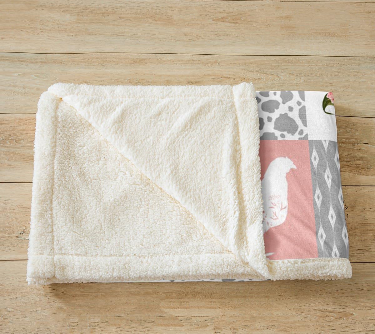 Farmhouse Barn Flannel Blanket,Chicken Highland Cow Flowers Grid Fuzzy Blanket Children Present,Rustic Pink Patchwork Geometric Polyester Throw Blanket Couch, Twin Size (60 x 80 Inch)