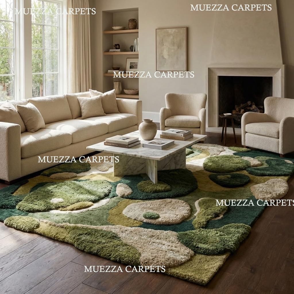 Hand Tufted Wool Abstract Area Rug 3x5 ft | Plush Modern Green Beige Accent Rug | Sculpted Organic Style