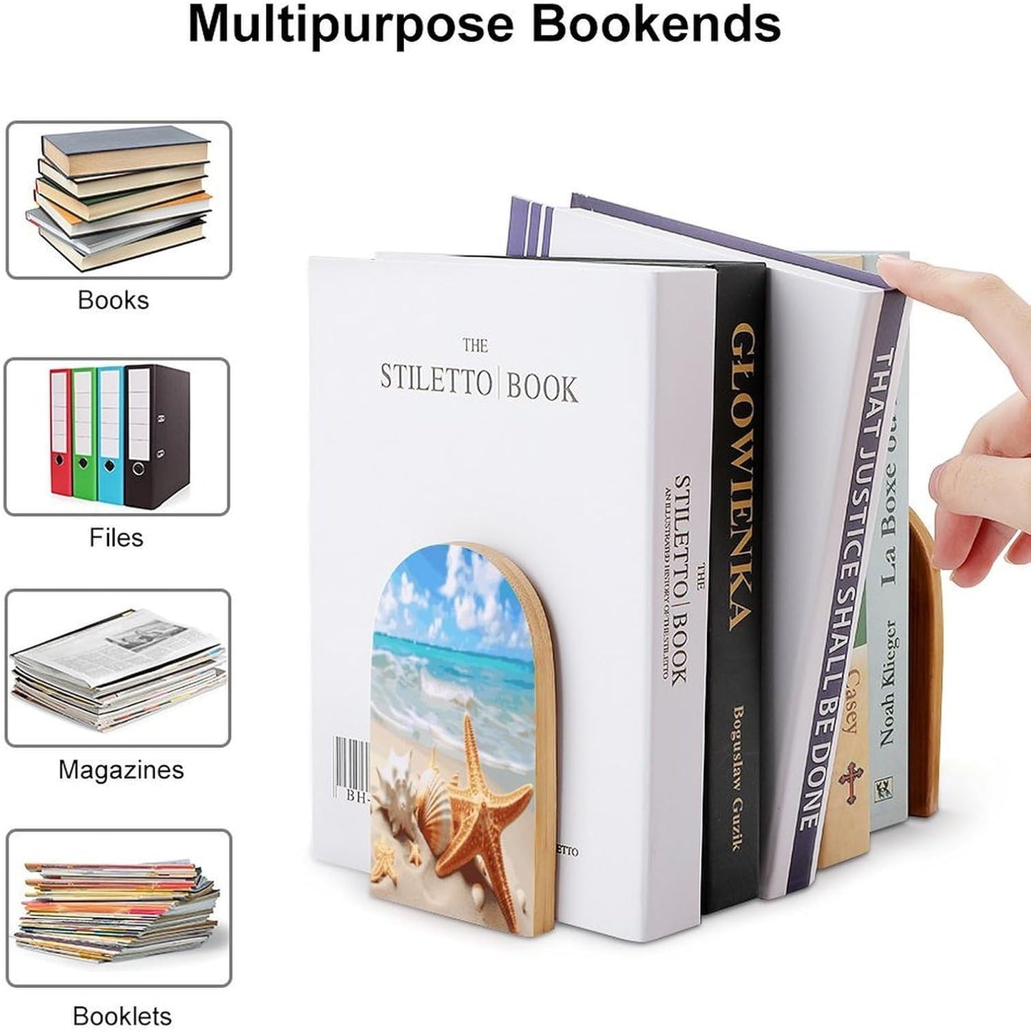 Starfish Seashell Ocean Beach Bookends 1 Pair Heavy Duty Book Ends for Shelves Non-Skid Bookend Supports Wooden Book Holders with Metal Base Desk Organizers Books Storage to Hold Books