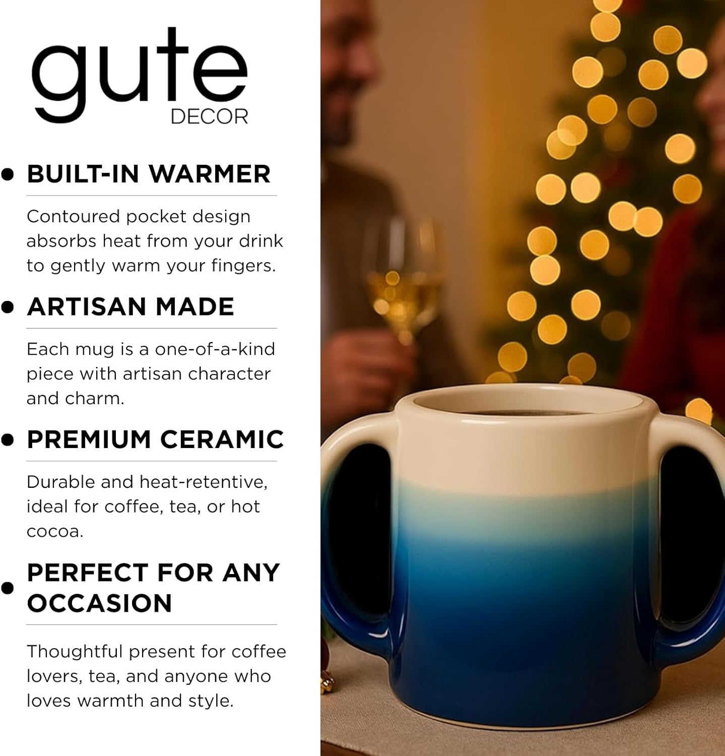 Double Hand Warmer Mug , Handmade Pottery - HandWarmer Contoured Pockets Both Hands will Hold Warmth From The Heat Of Your Drink To Keep Your Fingers Warm, Comfy Blue - Winter Stocking Stuffer Gift