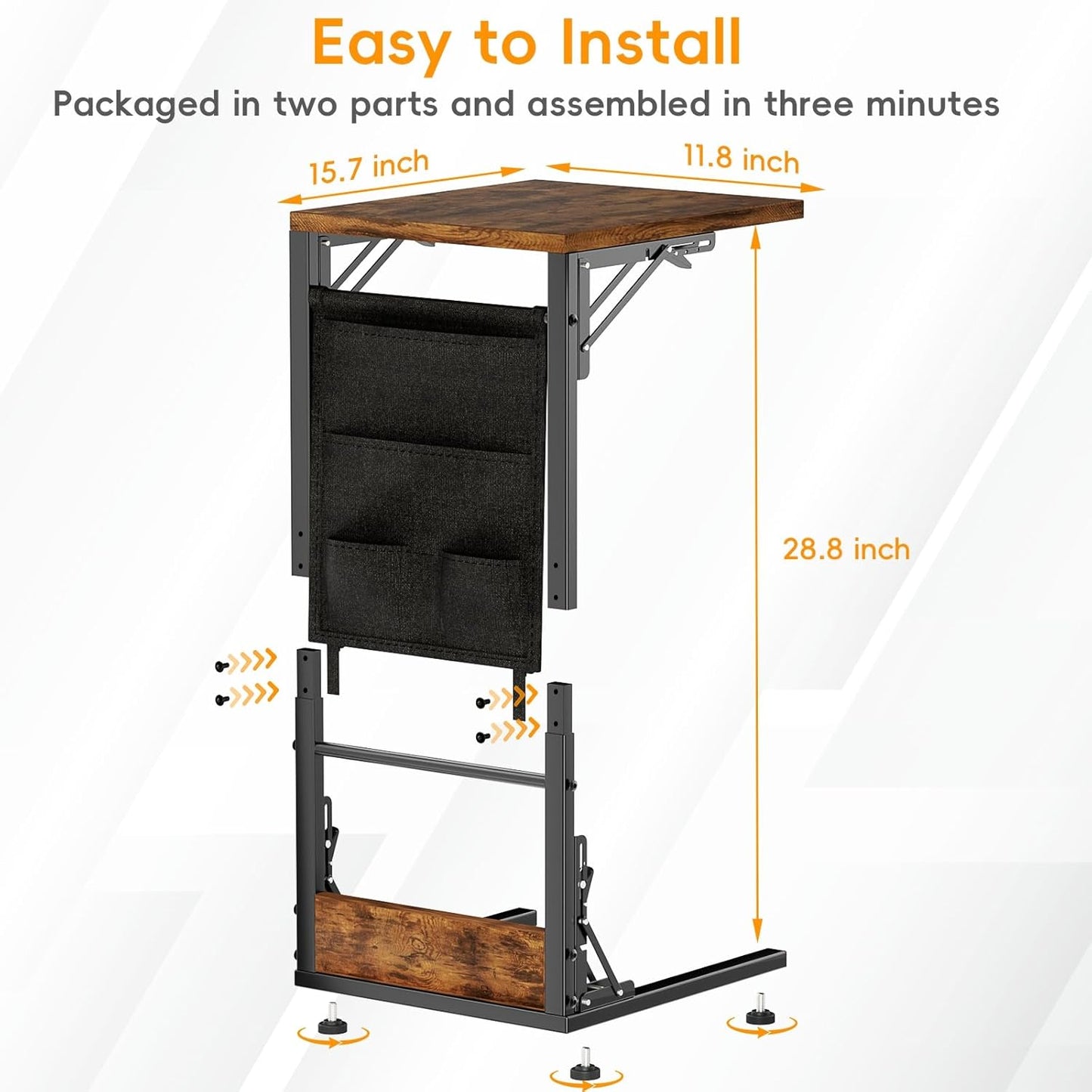 Folding TV Tray Table, Small Folding Side Table with Storage Bag, Portable C Shaped End Stand for Couch Sofa Bed, Rustic Brown